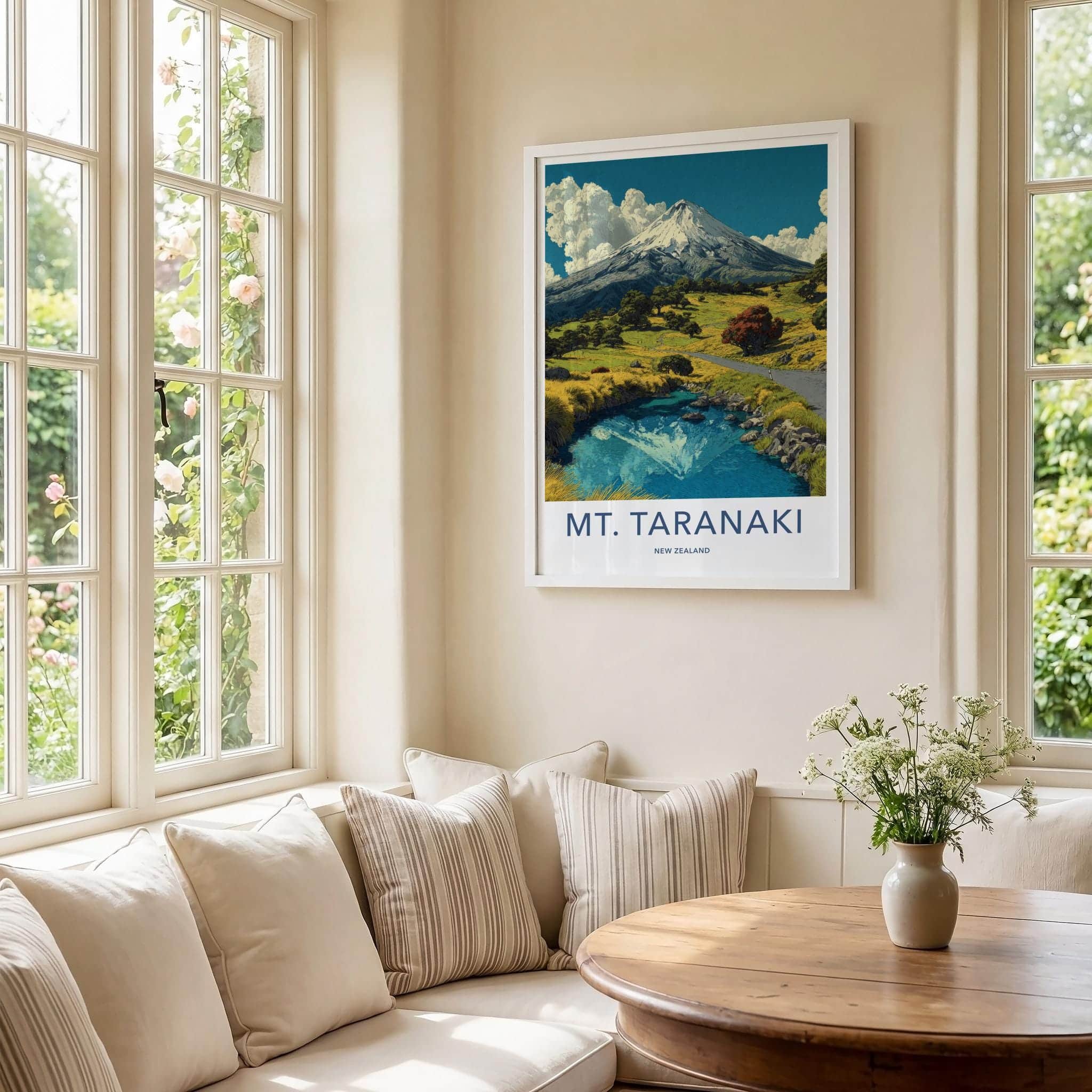 Mount Taranaki Poster - New Zealand Travel Art - Mountain Water Reflection Home Decor