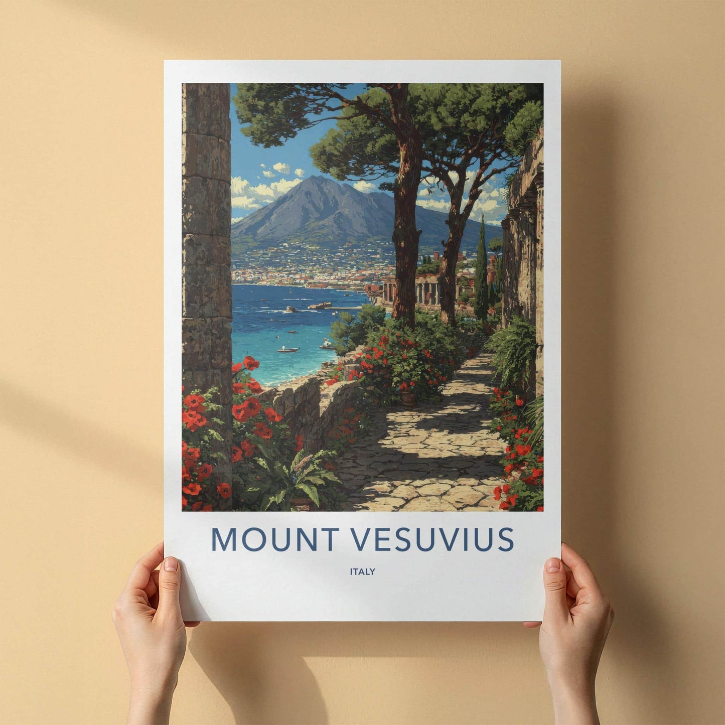 Mount Vesuvius Poster - Italy Travel Art - Vibrant Coastal Path Home Decor