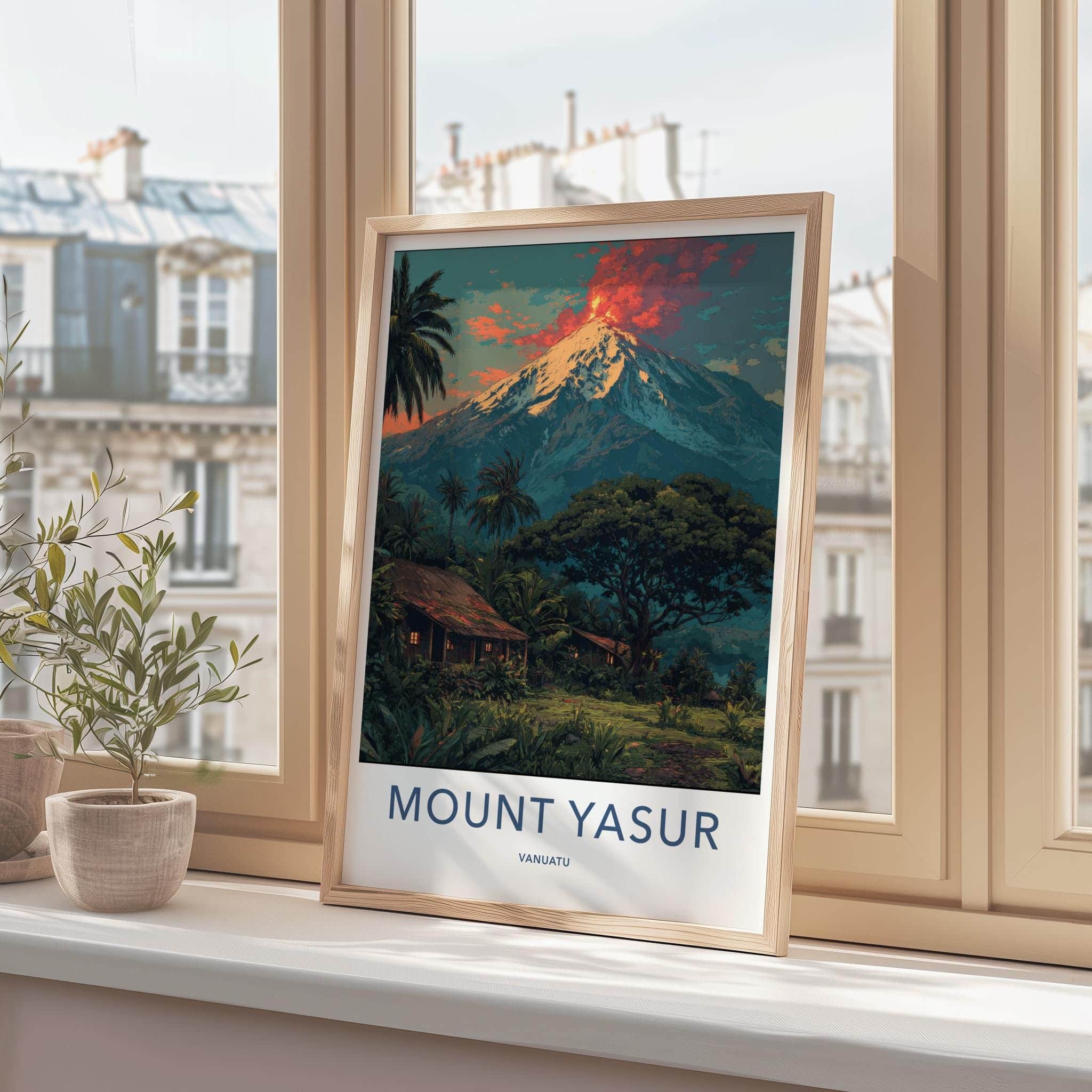 Mount Yasur Poster - Vanuatu Travel Art - Erupting Volcano Huts Home Decor