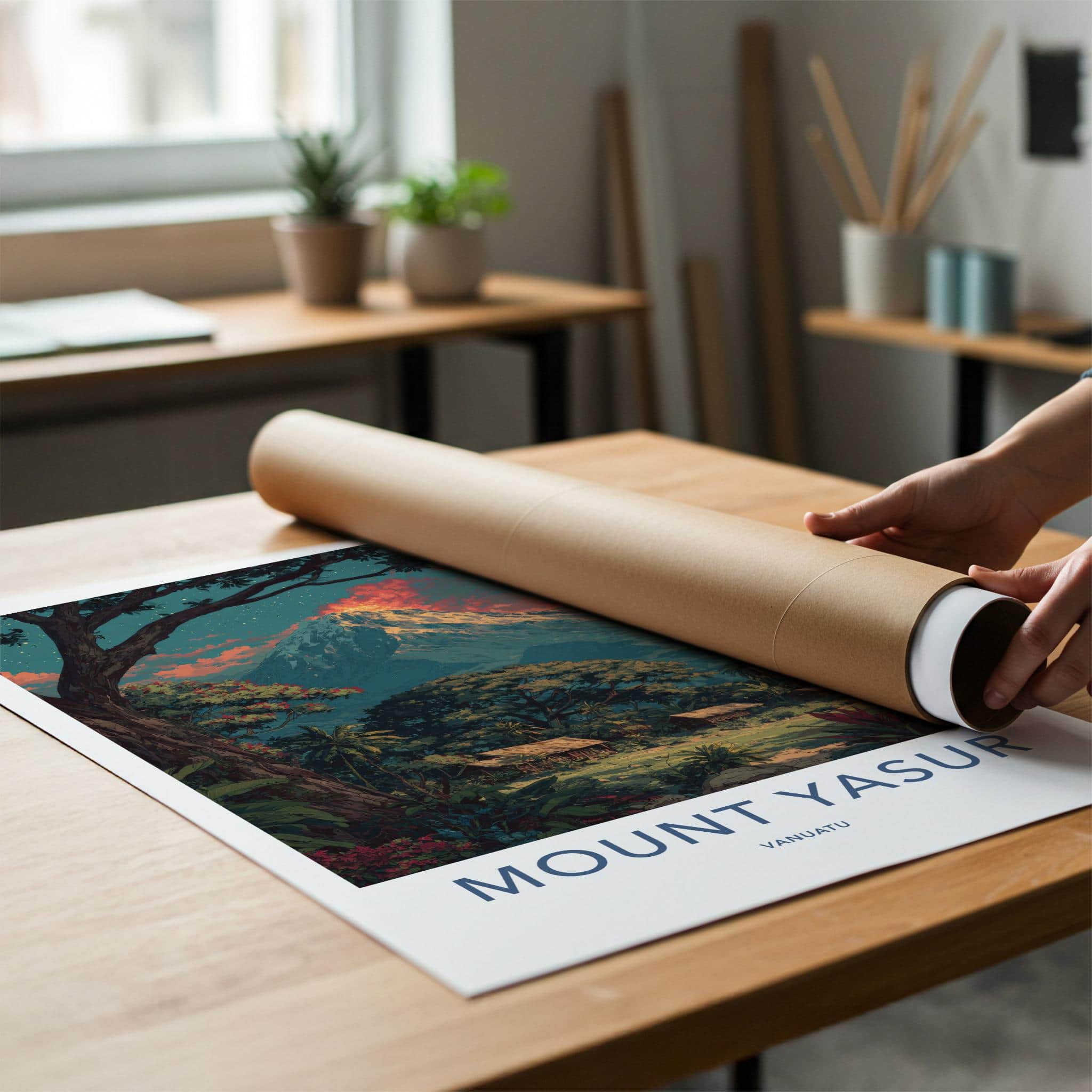 Mount Yasur Poster - Vanuatu Travel Art - Volcanic Eruption Jungle Home Decor