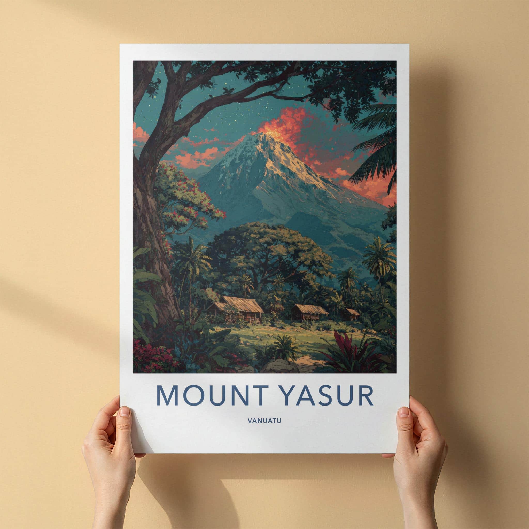Mount Yasur Poster - Vanuatu Travel Art - Volcanic Eruption Jungle Home Decor