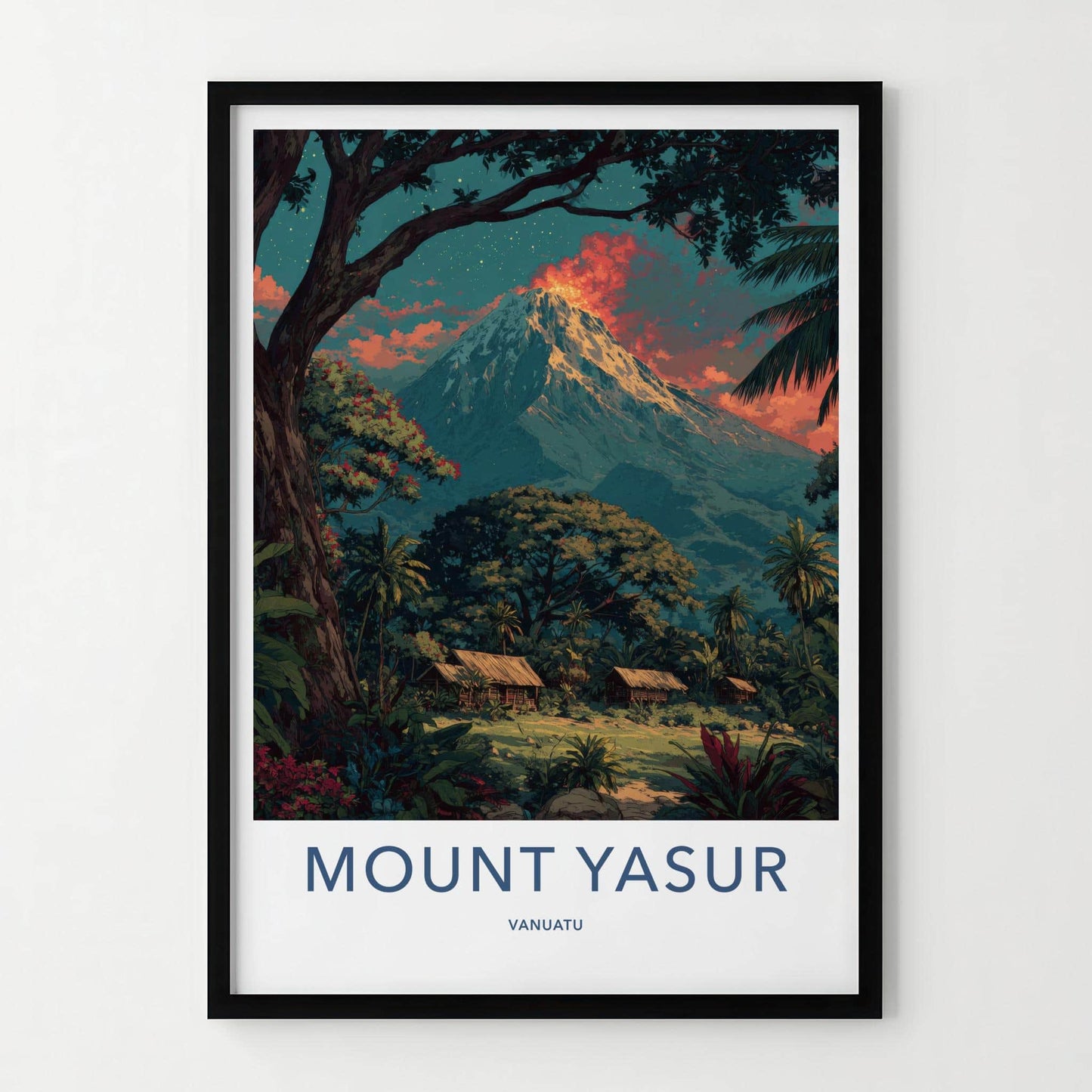 Mount Yasur Poster - Vanuatu Travel Art - Volcano Glowing Jungle Home Decor
