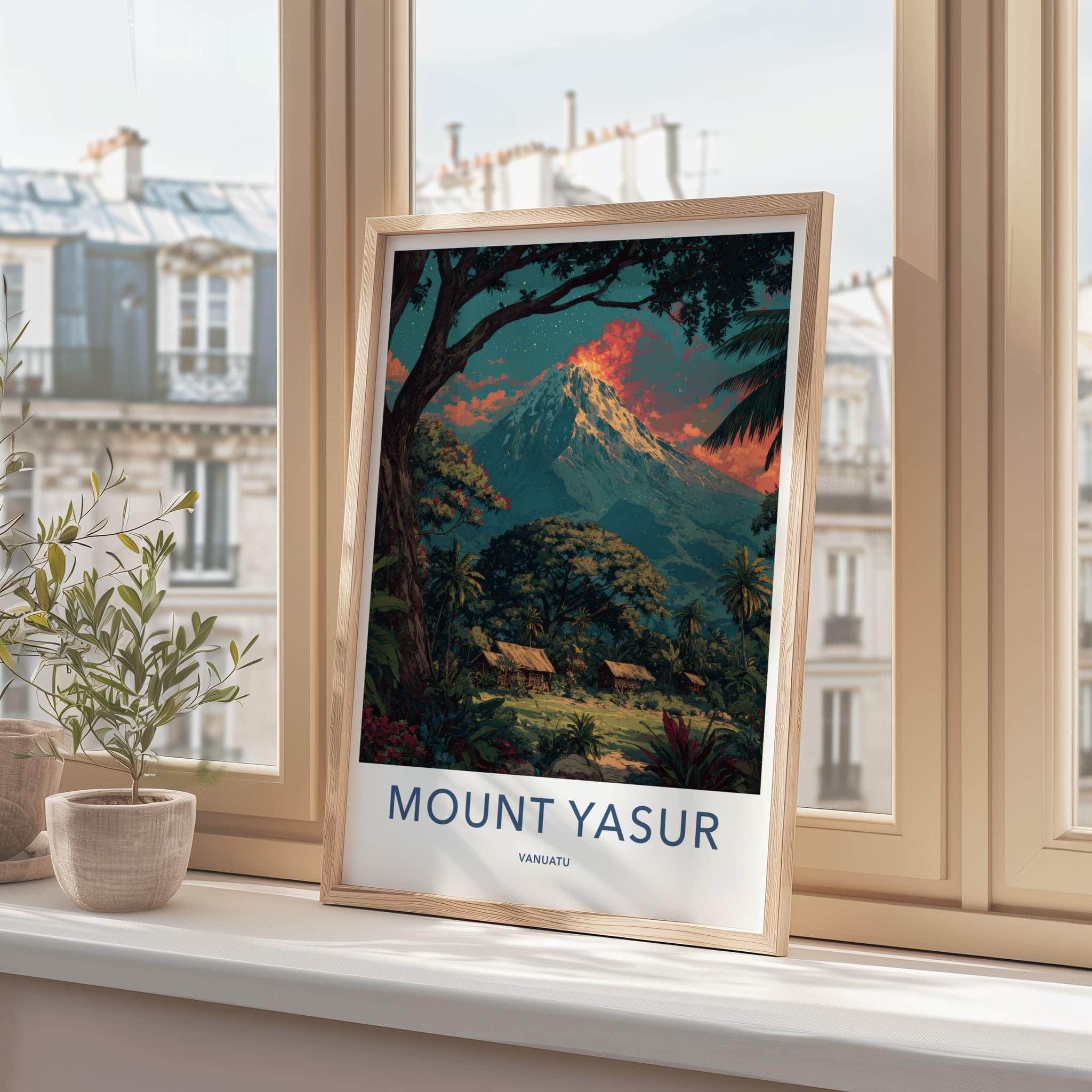 Mount Yasur Poster - Vanuatu Travel Art - Volcano Glowing Jungle Home Decor