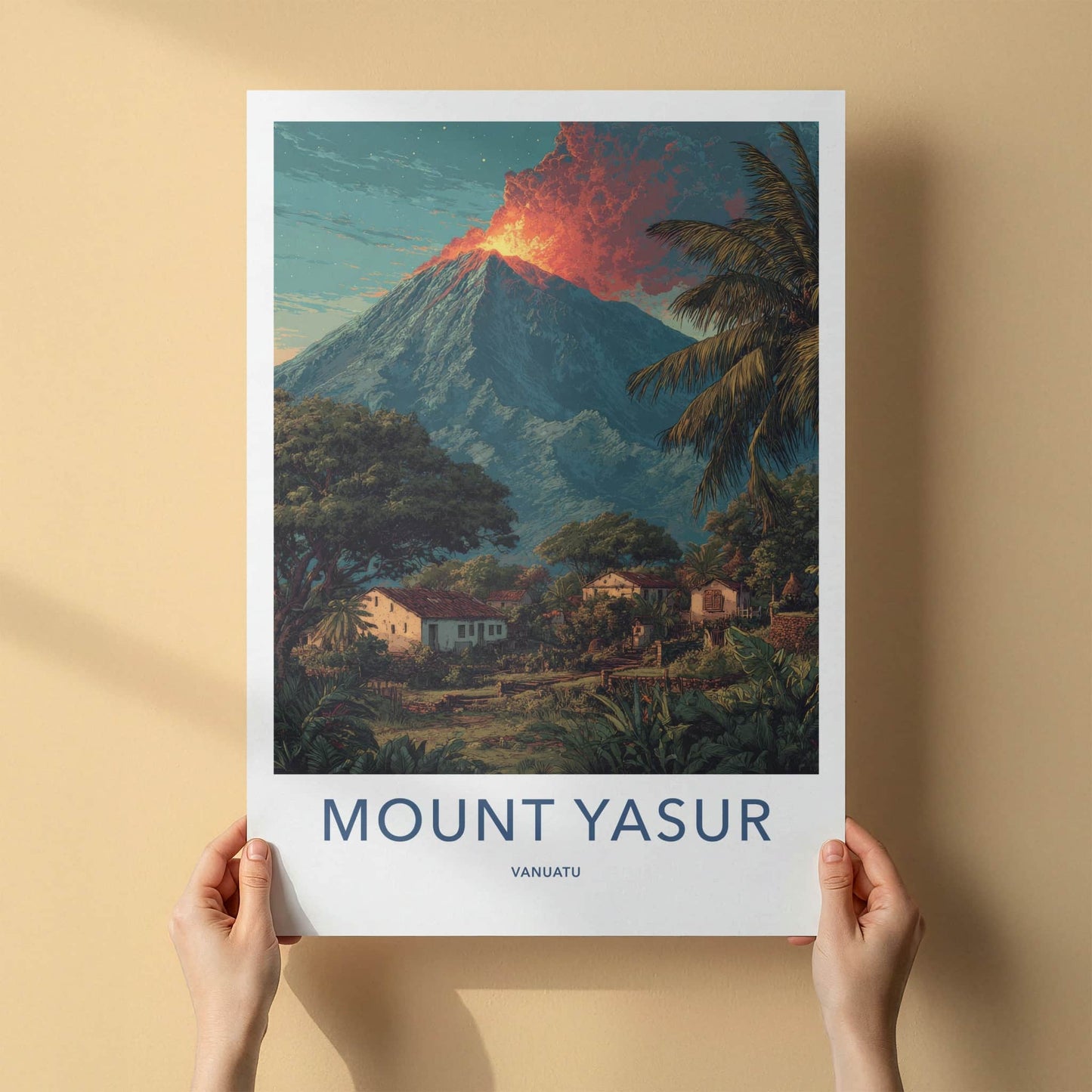 Mount Yasur Poster - Vanuatu Travel Print - Glowing Volcano Palm Framed Art