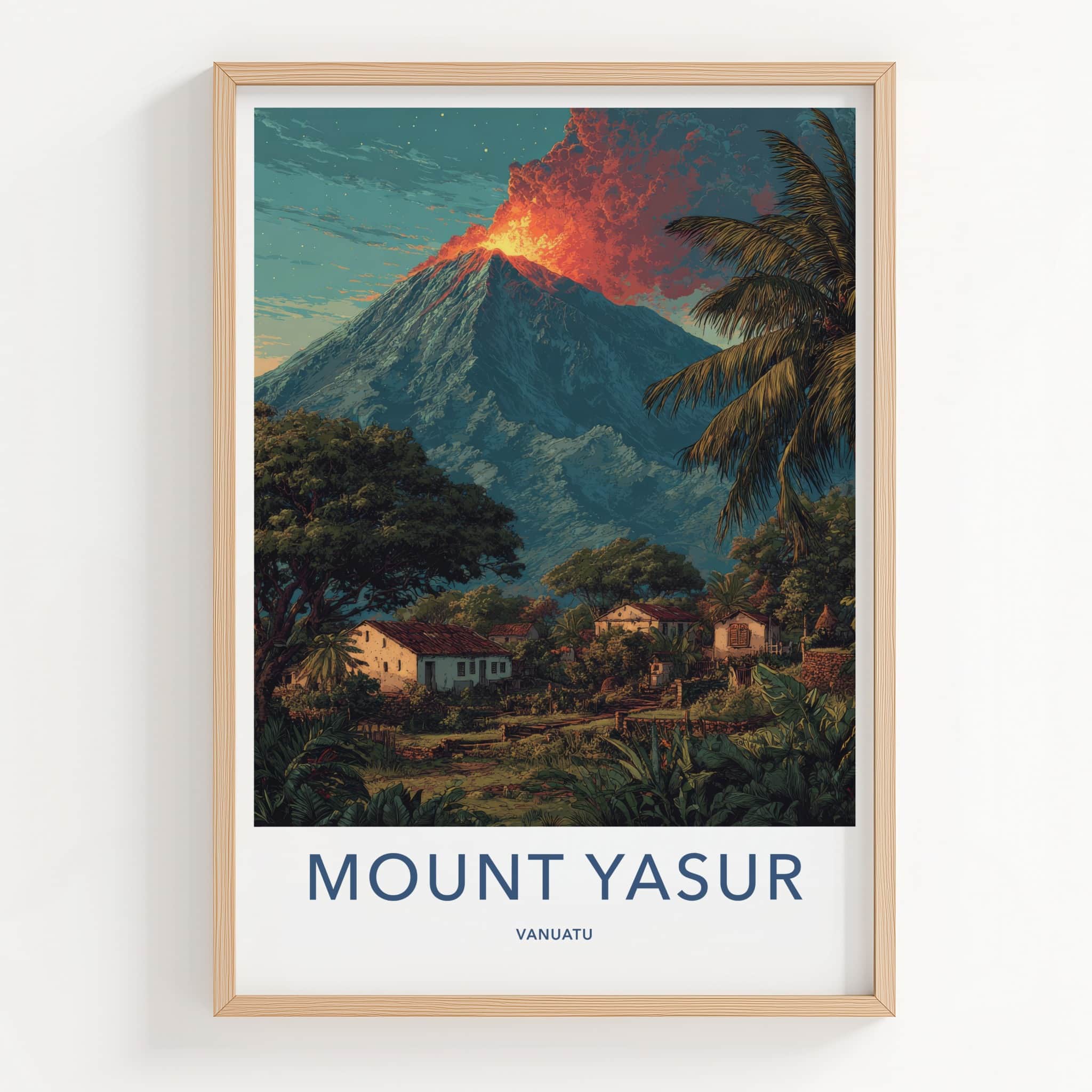 Mount Yasur Poster - Vanuatu Travel Print - Glowing Volcano Palm Framed Art