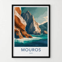 Mouros Poster - Greece Travel Art - Coastal Rock Waves Home Decor
