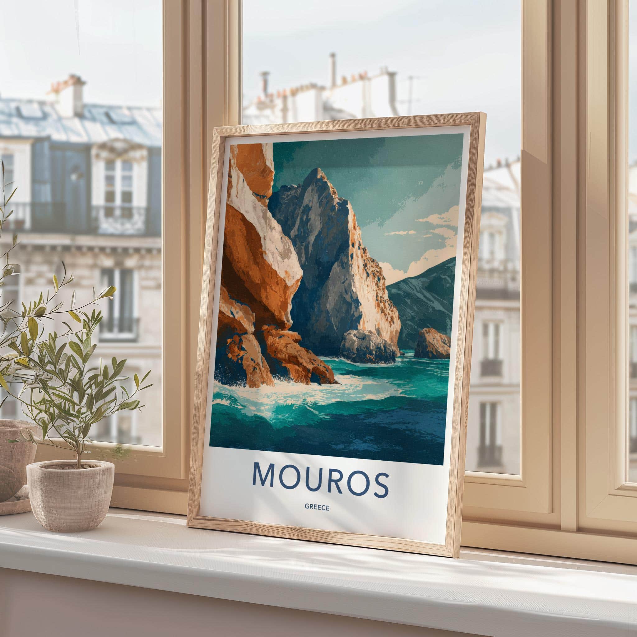 Mouros Poster - Greece Travel Art - Coastal Rock Waves Home Decor