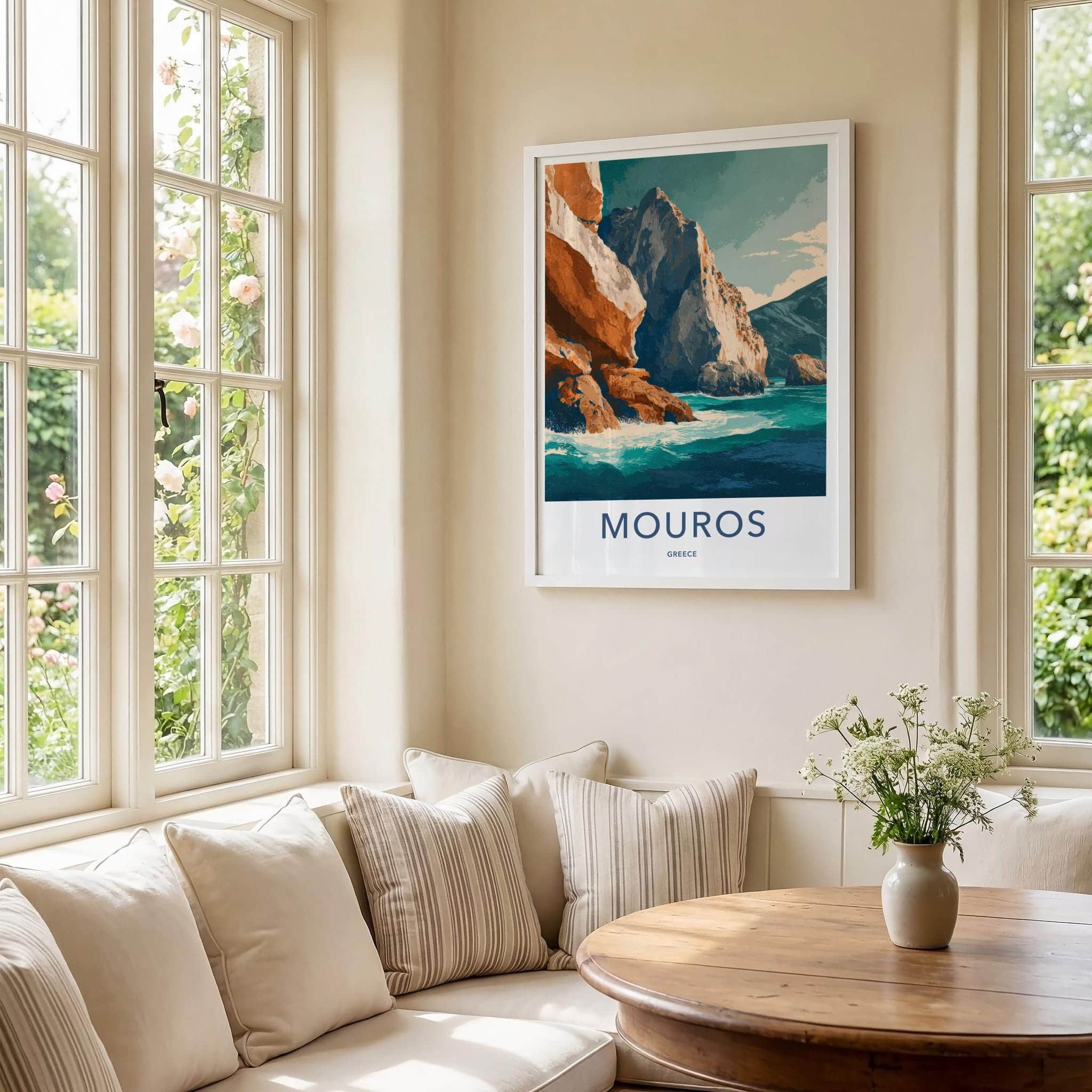 Mouros Poster - Greece Travel Art - Coastal Rock Waves Home Decor