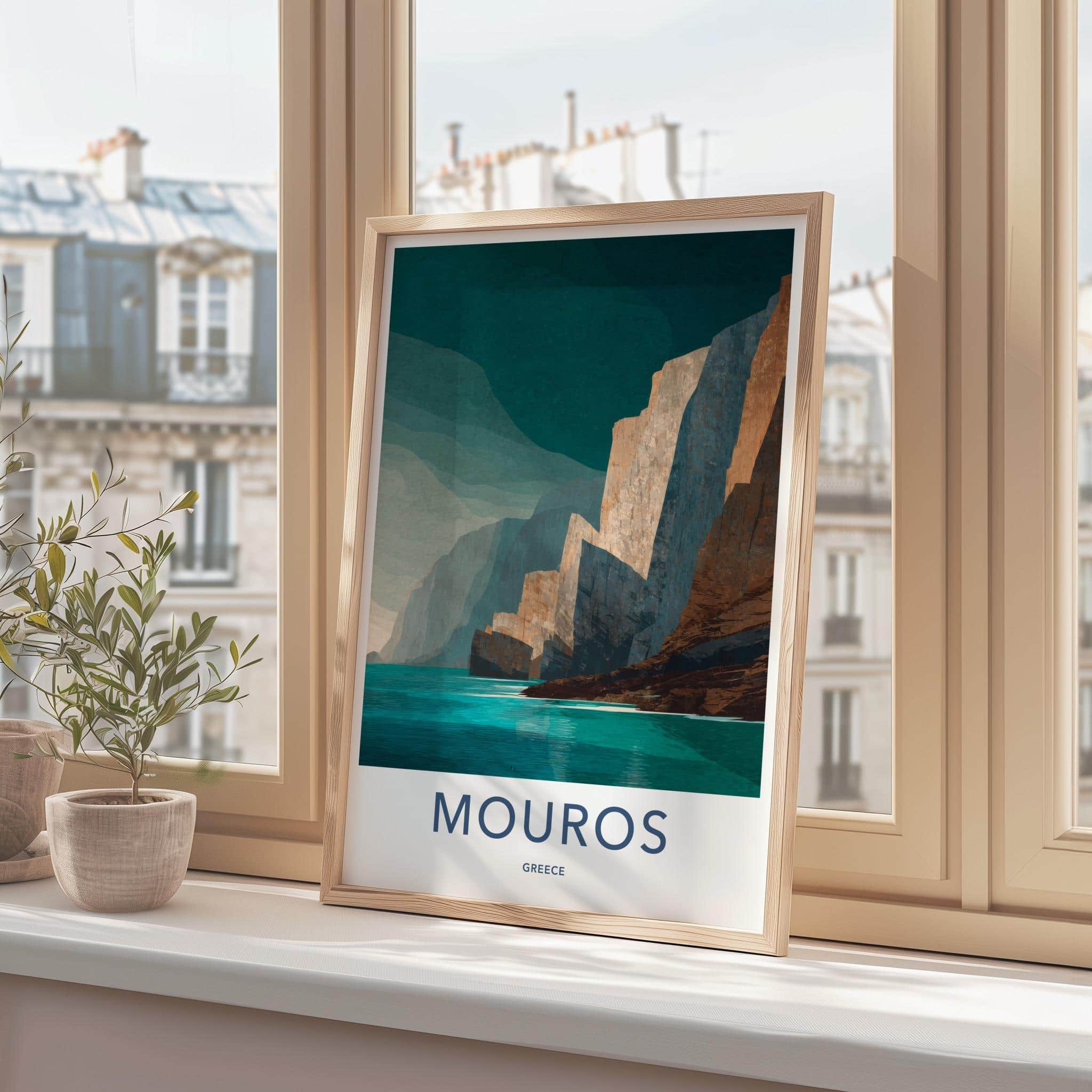 Mouros Poster - Greece Travel Art - Steep Coastal Cliffs Home Decor