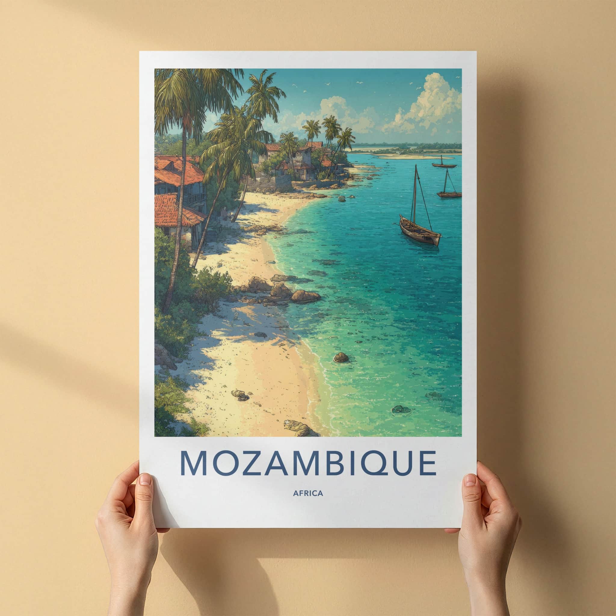 Mozambique Poster - Mozambique Travel Art - Coastal Village Boats Framed Art