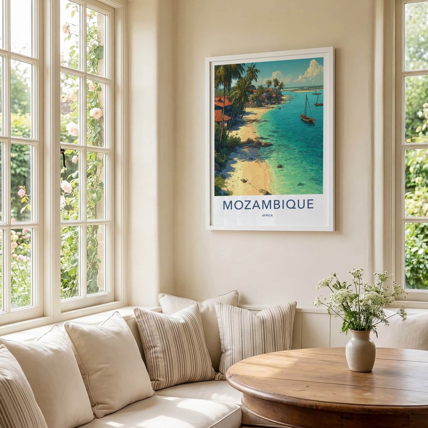 Mozambique Poster - Mozambique Travel Art - Coastal Village Boats Framed Art