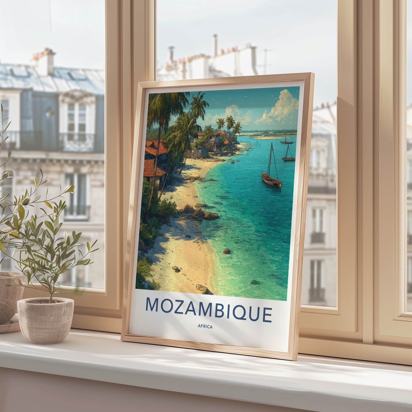 Mozambique Poster - Mozambique Travel Art - Coastal Village Boats Framed Art