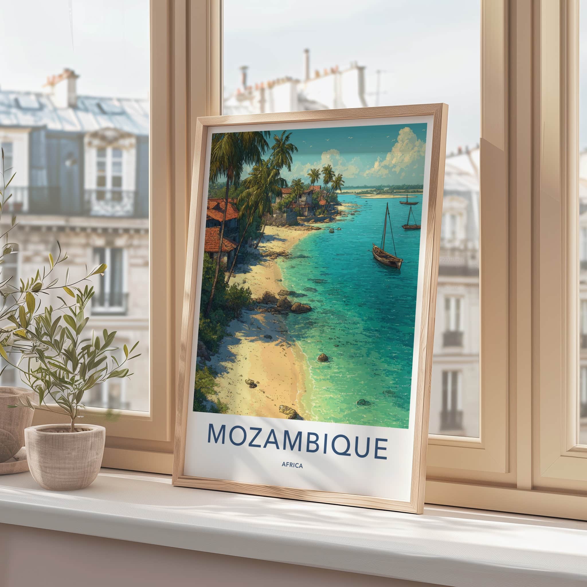 Mozambique Poster - Mozambique Travel Art - Coastal Village Boats Framed Art