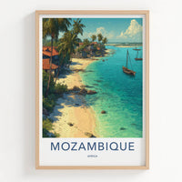 Mozambique Poster - Mozambique Travel Art - Coastal Village Boats Framed Art