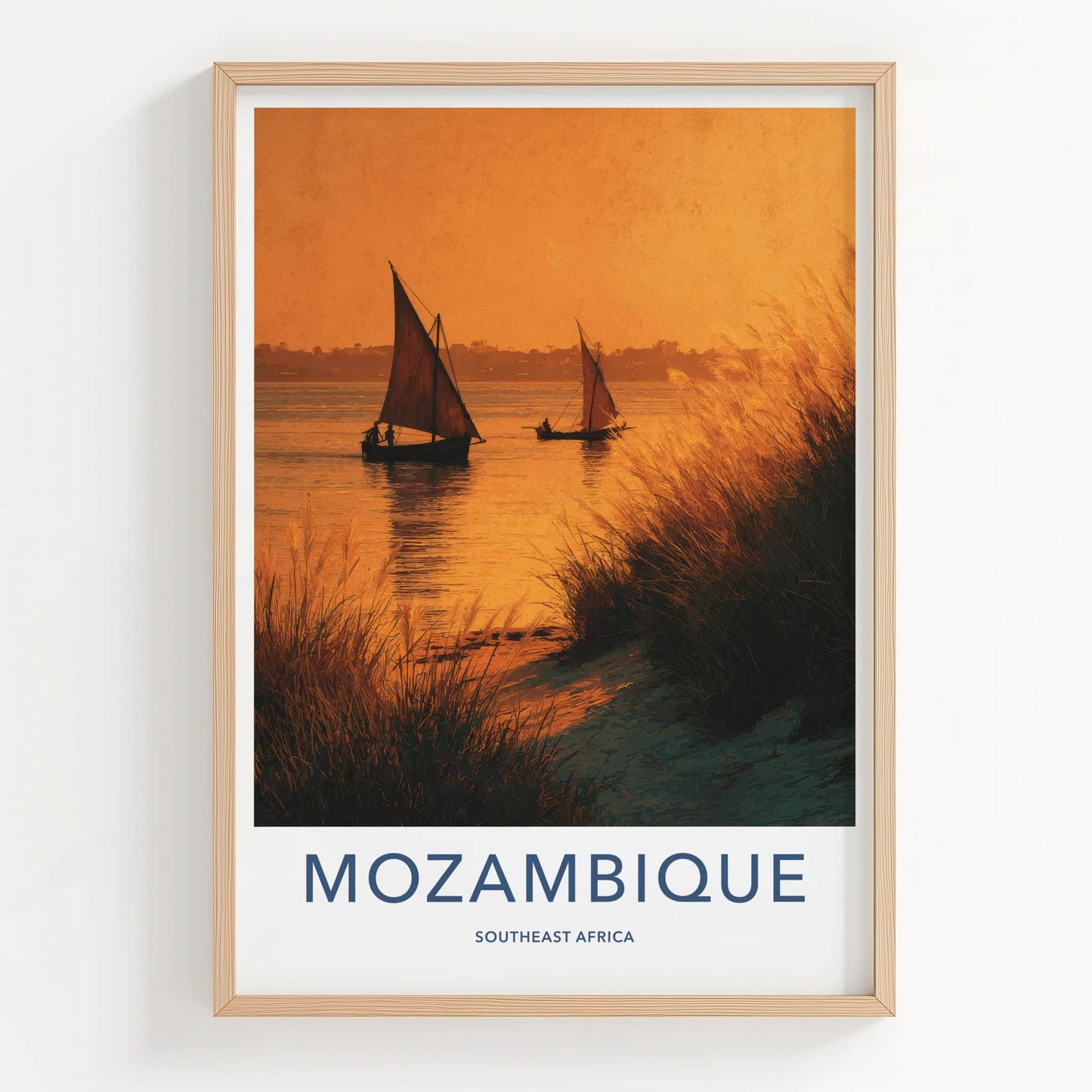 Mozambique Poster - Mozambique Travel Art - Sailboats Golden Sunset Home Decor