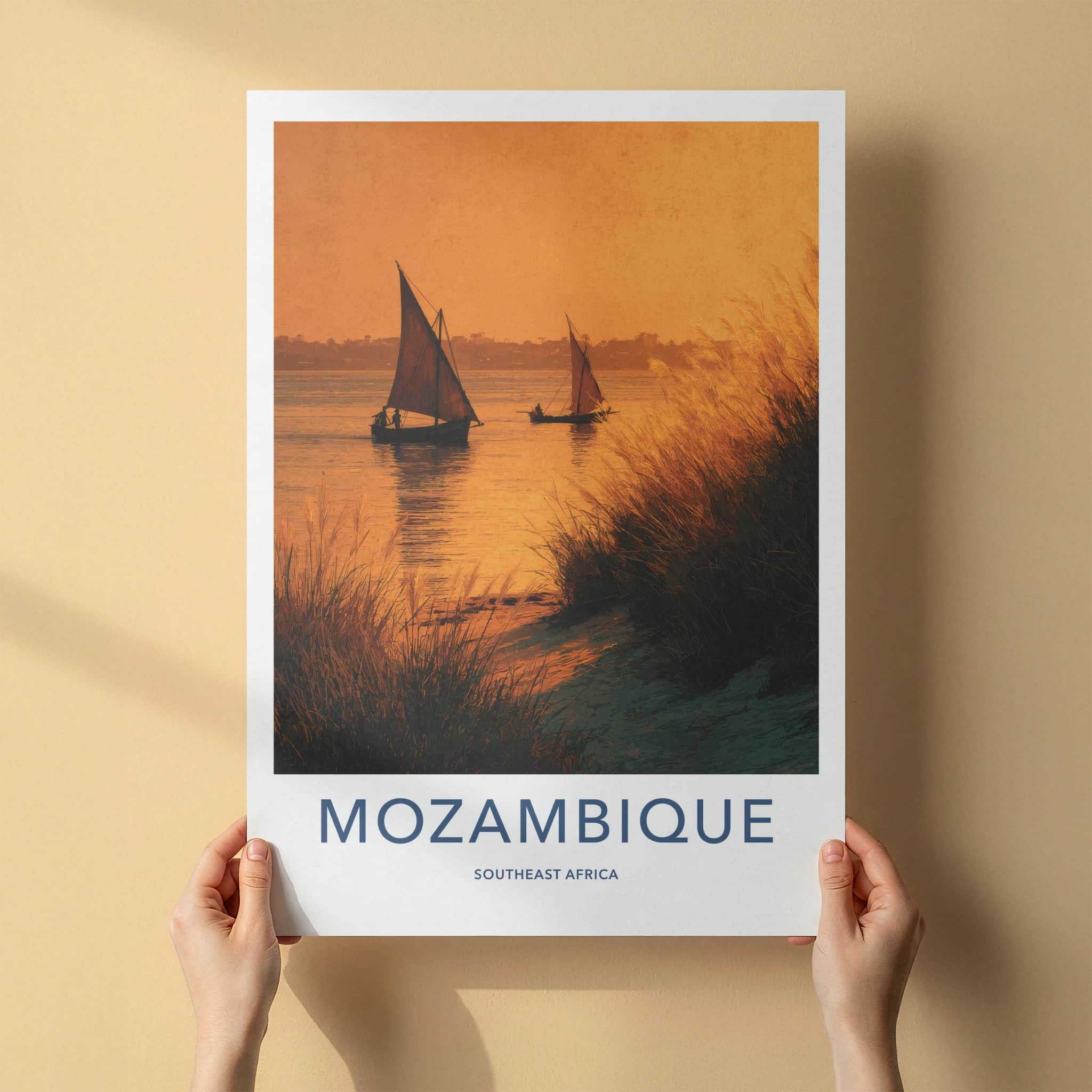 Mozambique Poster - Mozambique Travel Art - Sailboats Golden Sunset Home Decor