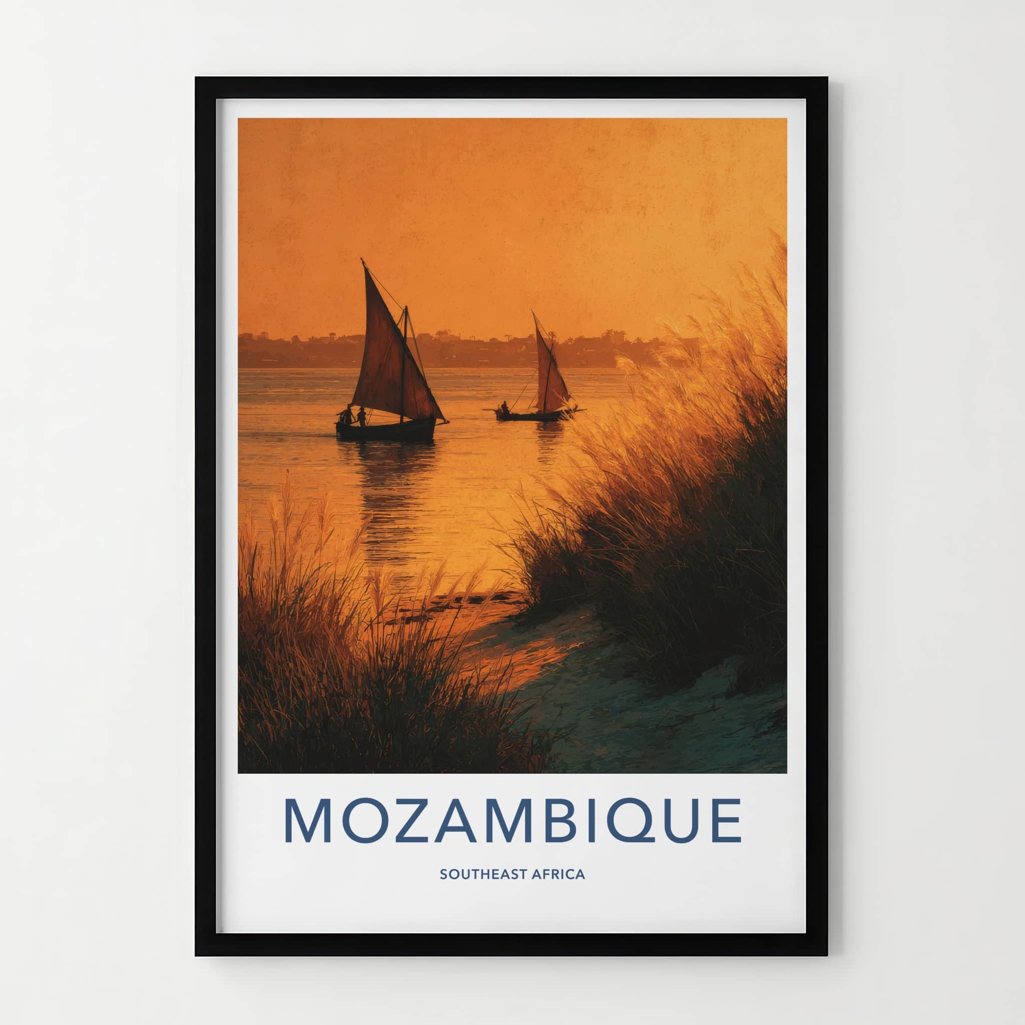 Mozambique Poster - Mozambique Travel Art - Sailboats Golden Sunset Home Decor