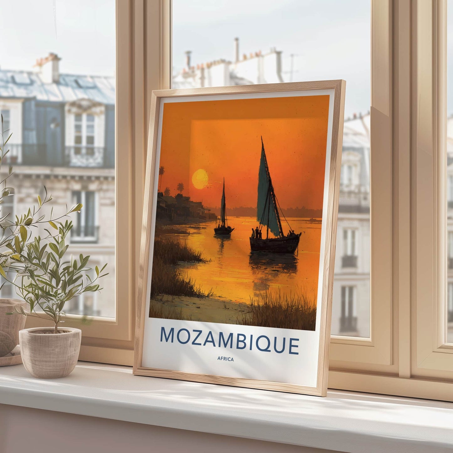 Mozambique Poster - Sunset Travel Art - Boats Golden Sunset Home Decor