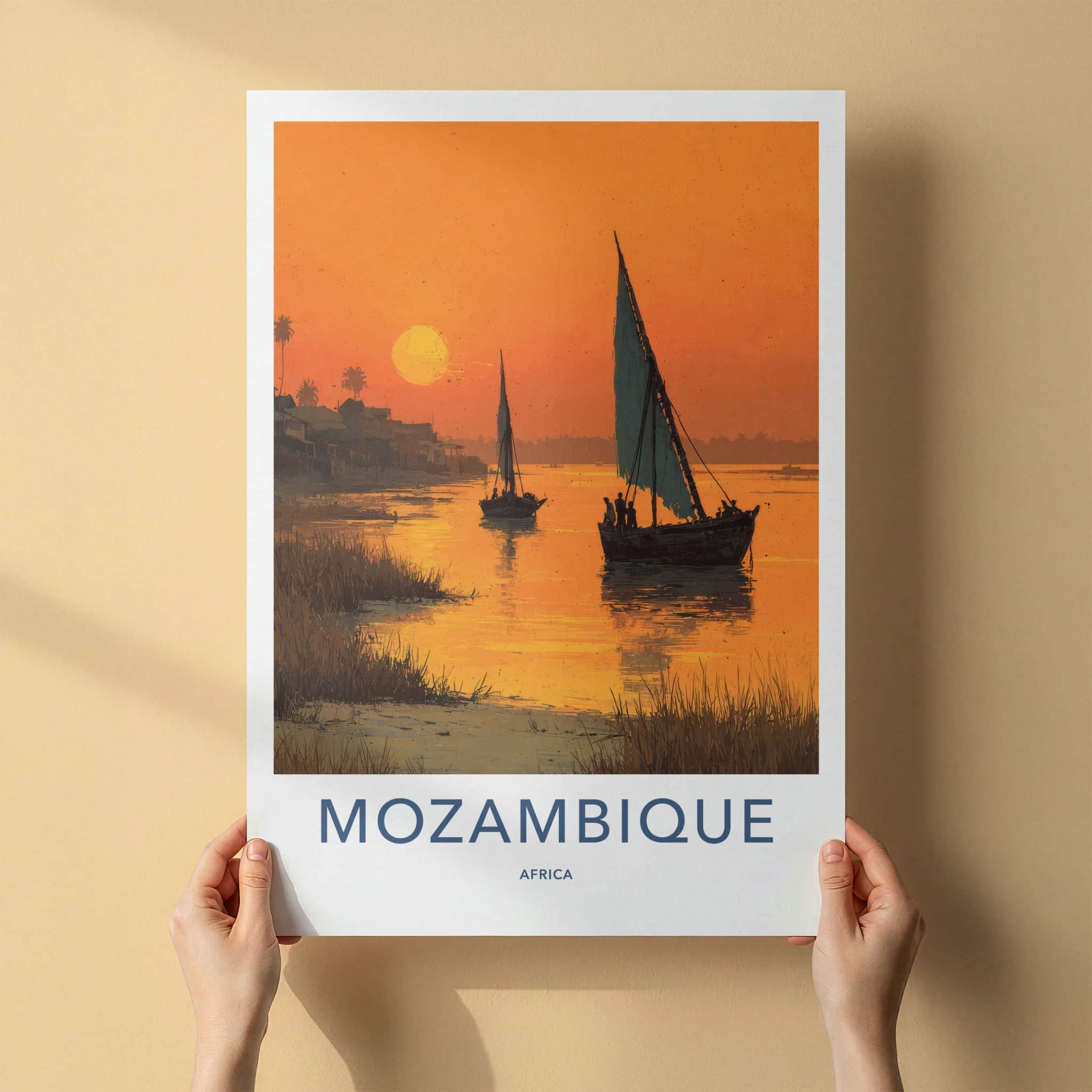 Mozambique Poster - Sunset Travel Art - Boats Golden Sunset Home Decor