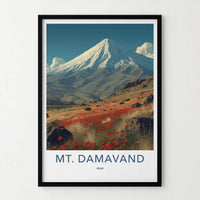 MT. DAMAVAND Poster - Iran Travel Art - Red Poppy Landscape Home Decor
