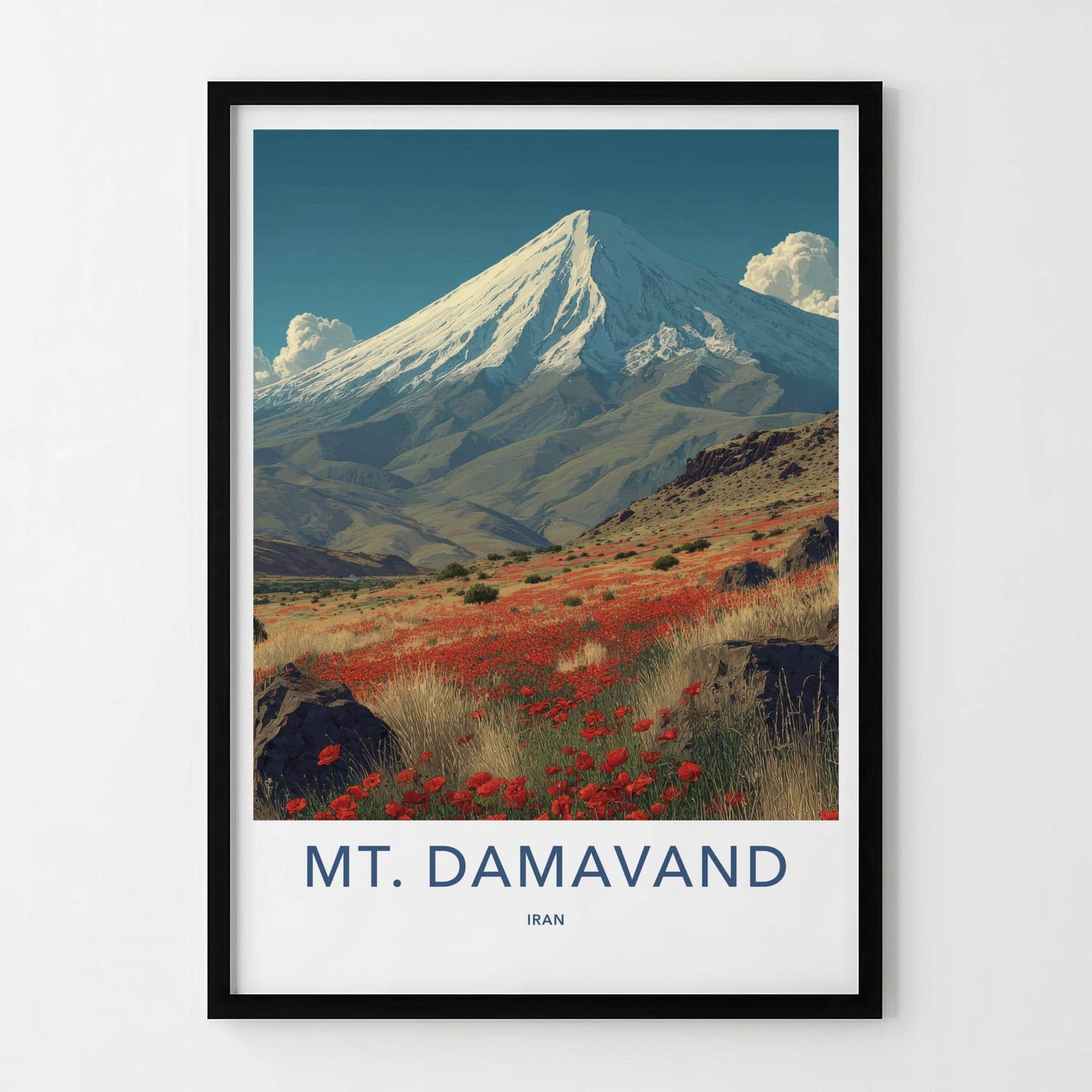 MT. DAMAVAND Poster - Iran Travel Art - Red Poppy Landscape Home Decor