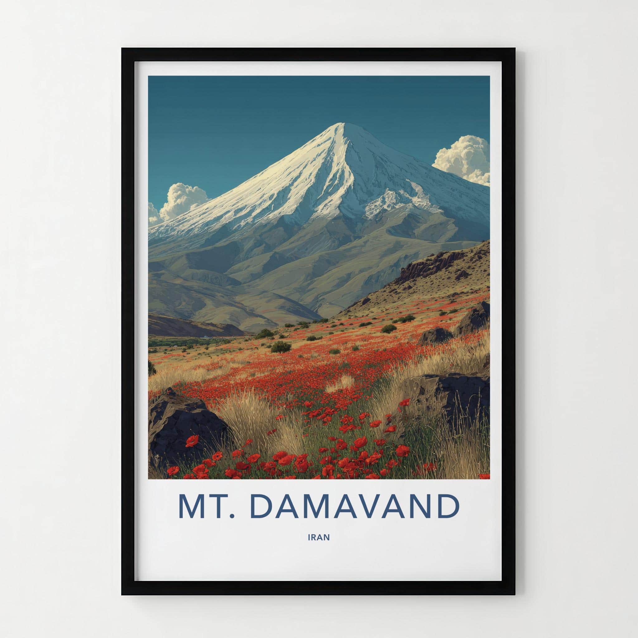 MT. DAMAVAND Poster - Iran Travel Art - Red Poppy Landscape Home Decor