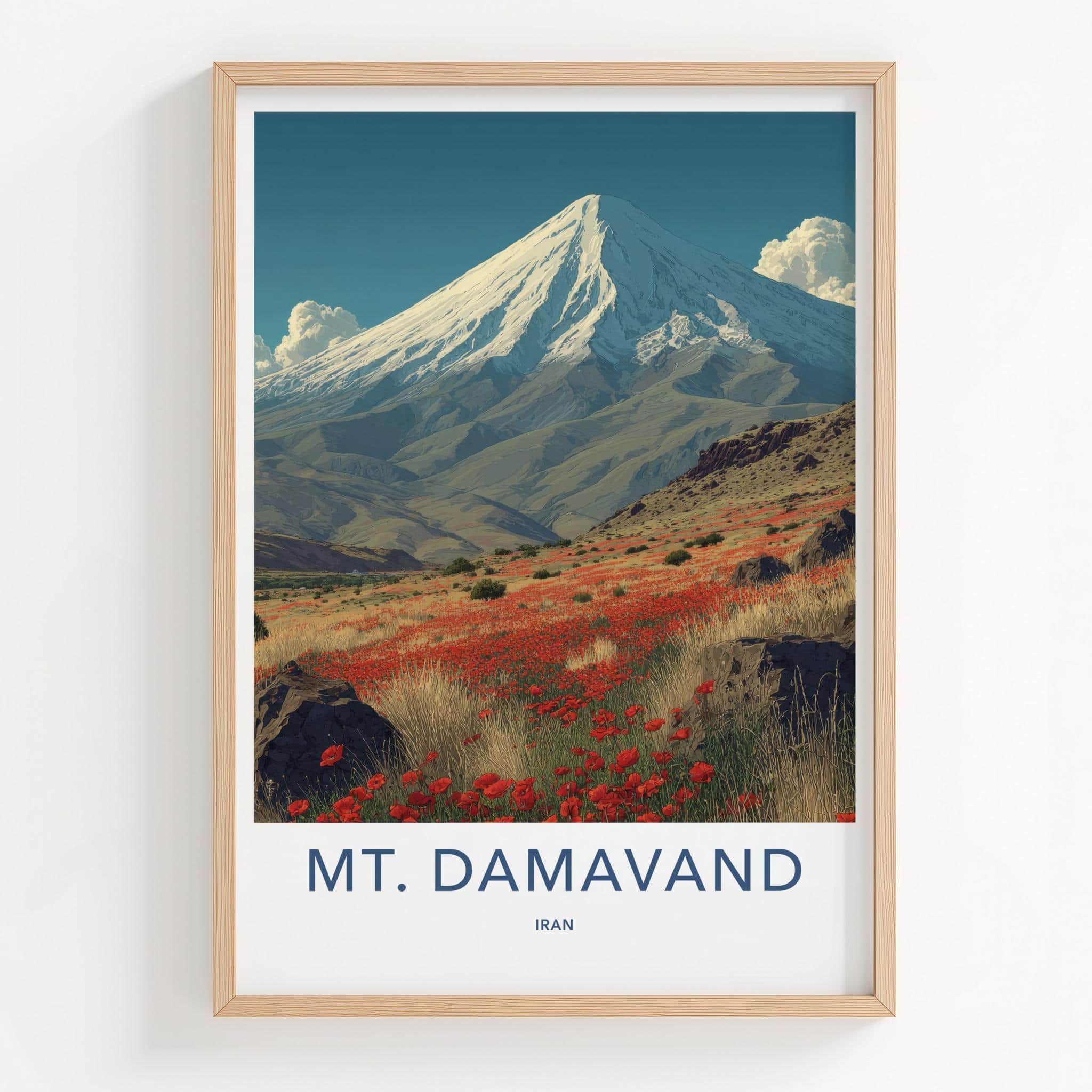 MT. DAMAVAND Poster - Iran Travel Art - Red Poppy Landscape Home Decor