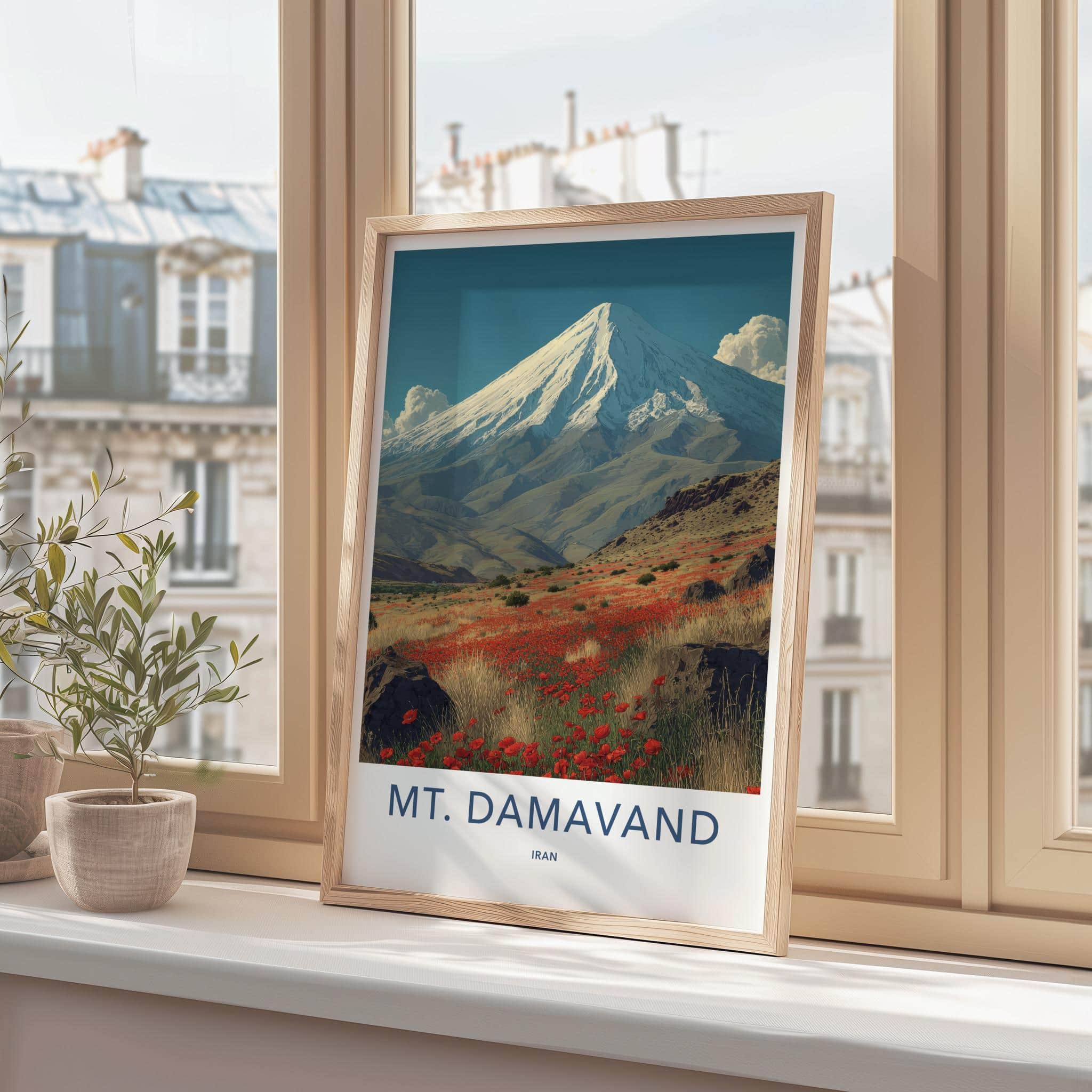 MT. DAMAVAND Poster - Iran Travel Art - Red Poppy Landscape Home Decor