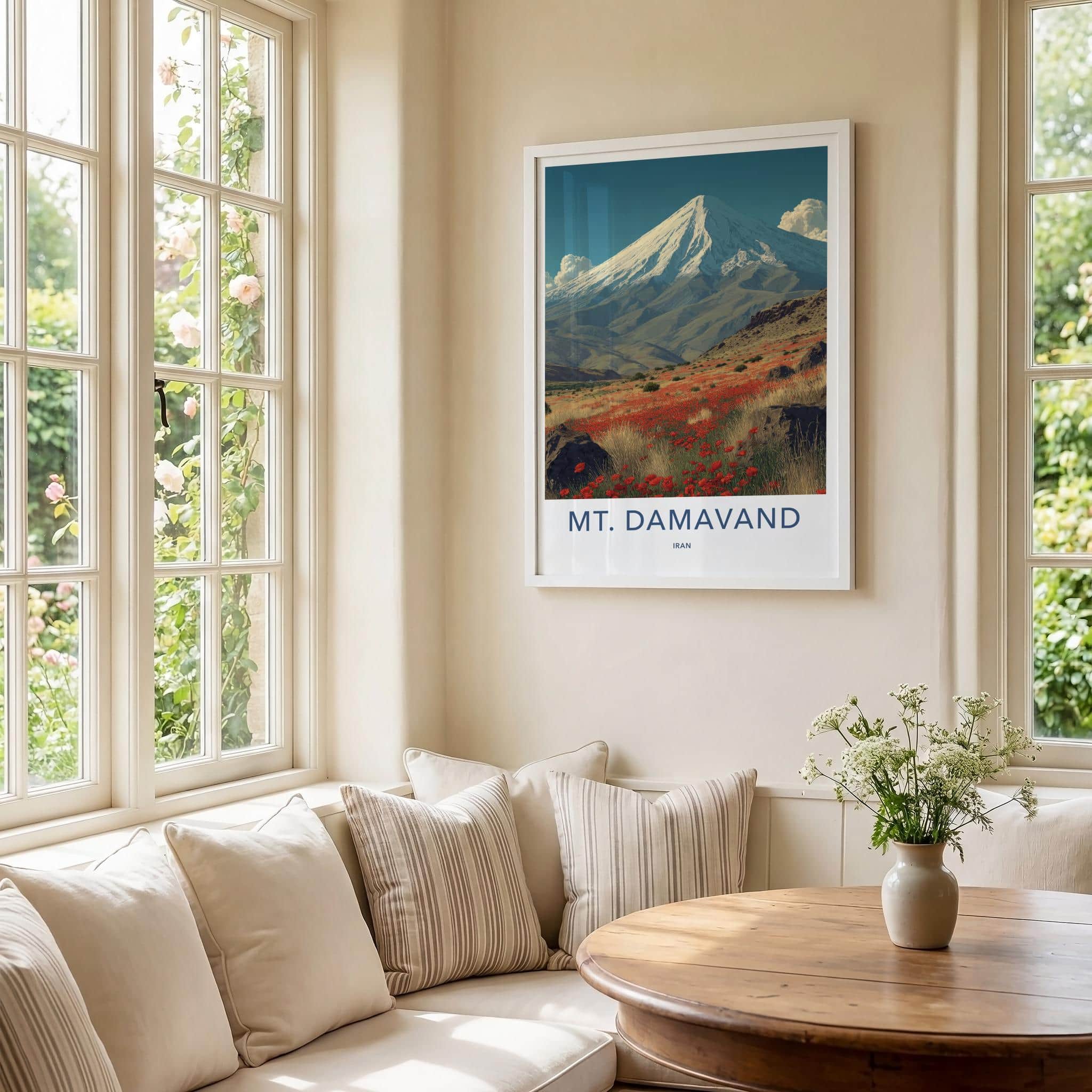 MT. DAMAVAND Poster - Iran Travel Art - Red Poppy Landscape Home Decor