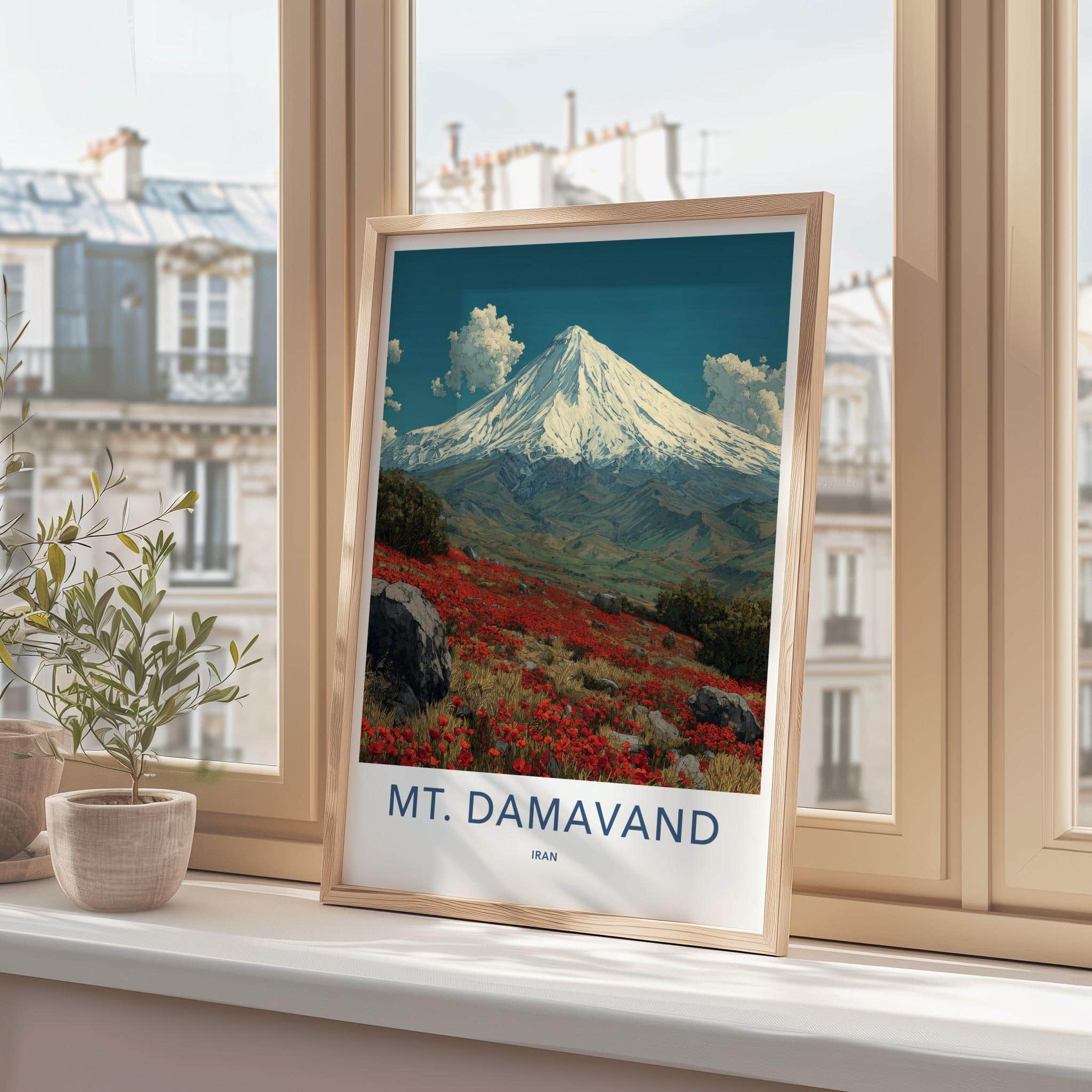 Mt Damavand Poster - Iran Travel Art - Snowy Peak Poppies Home Decor