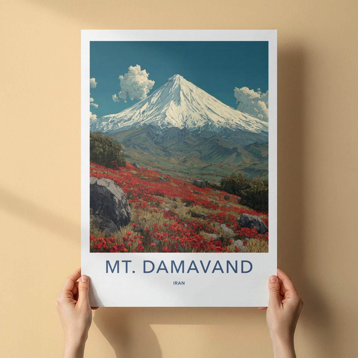 Mt Damavand Poster - Iran Travel Art - Snowy Peak Poppies Home Decor