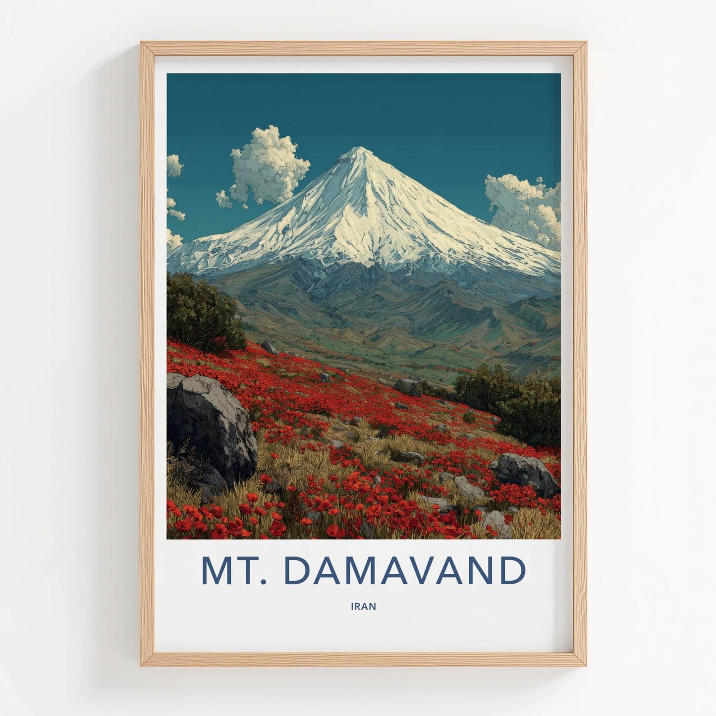 Mt Damavand Poster - Iran Travel Art - Snowy Peak Poppies Home Decor