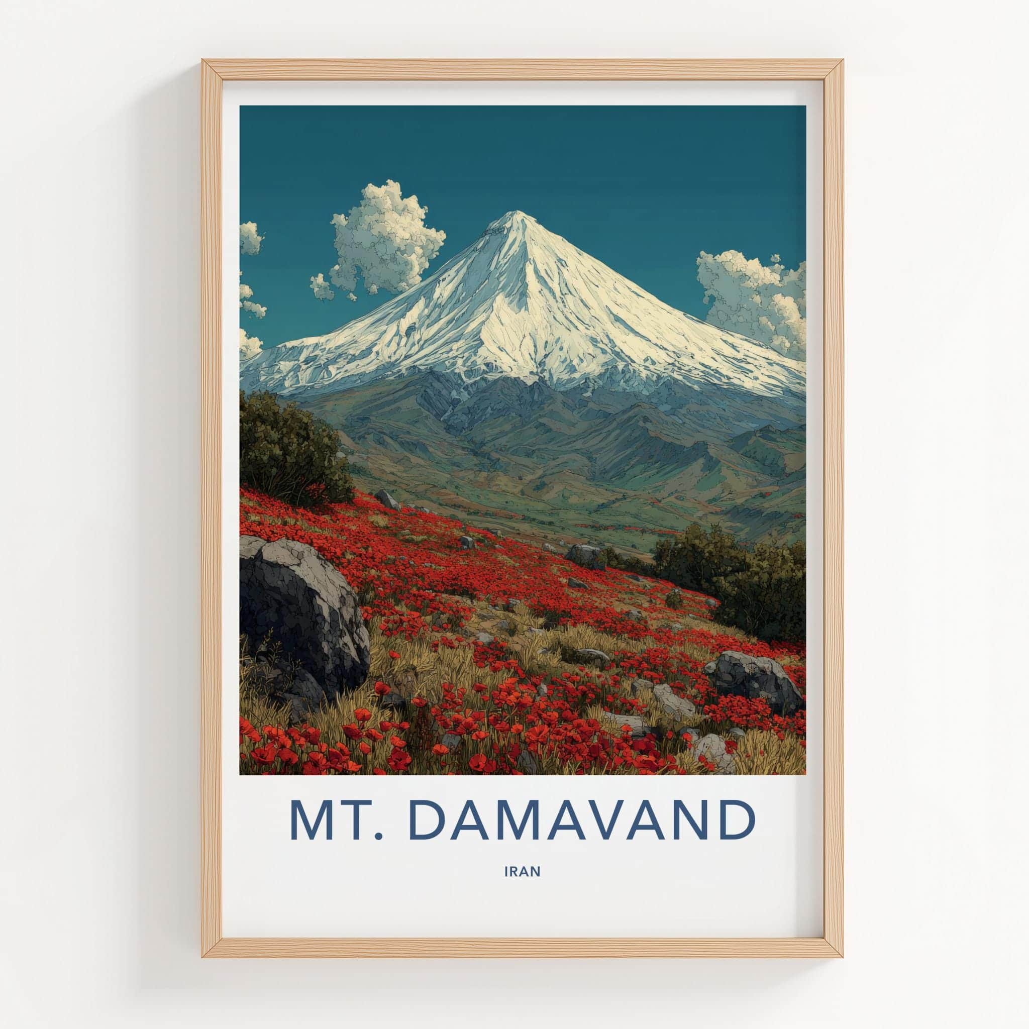 Mt Damavand Poster - Iran Travel Art - Snowy Peak Poppies Home Decor