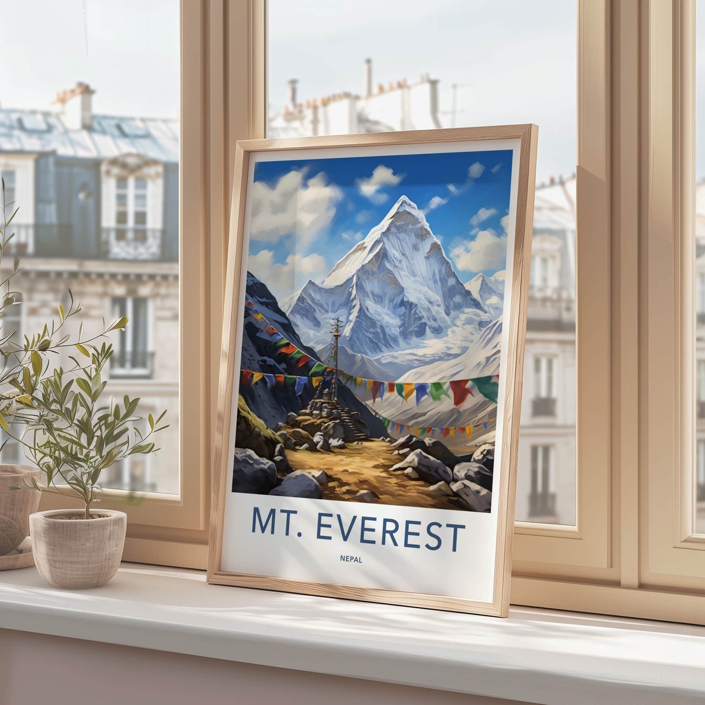 Mt Everest Poster - Nepal Travel Art - Prayer Flags Mountain Home Decor