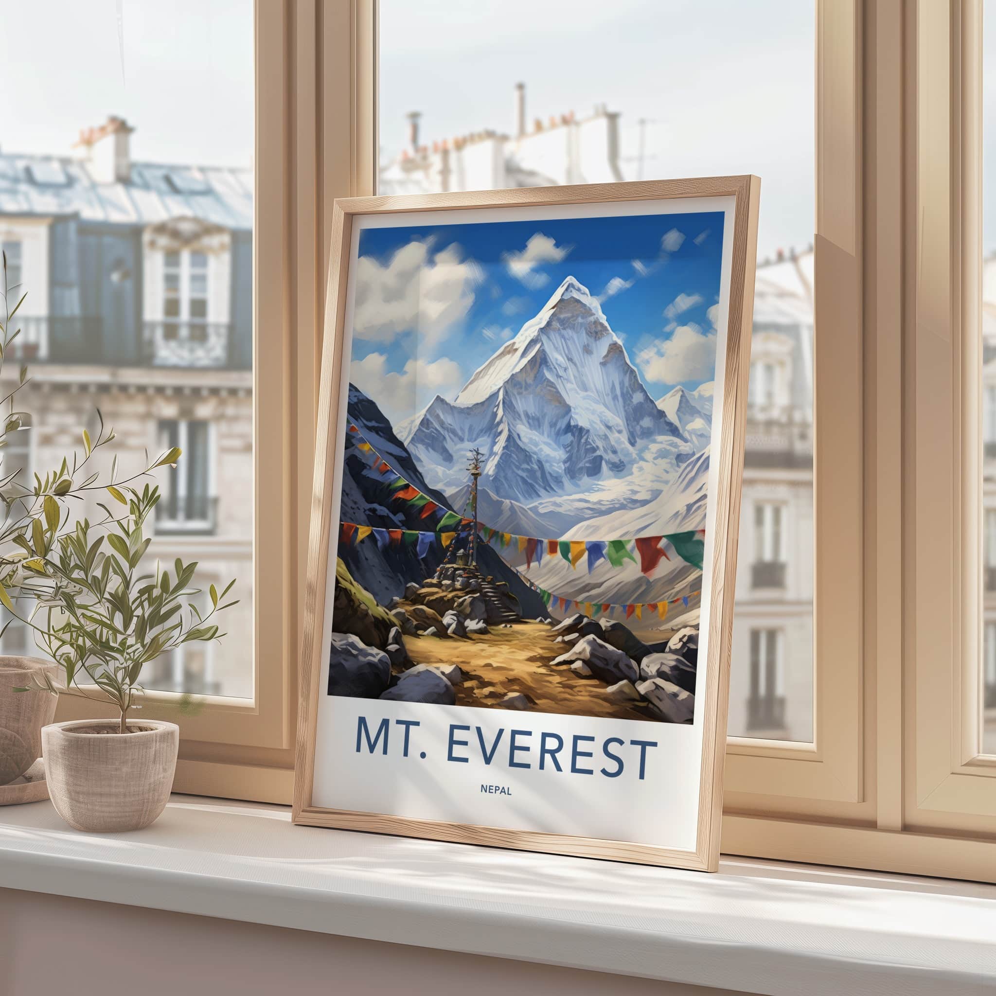 Mt Everest Poster - Nepal Travel Art - Prayer Flags Mountain Home Decor