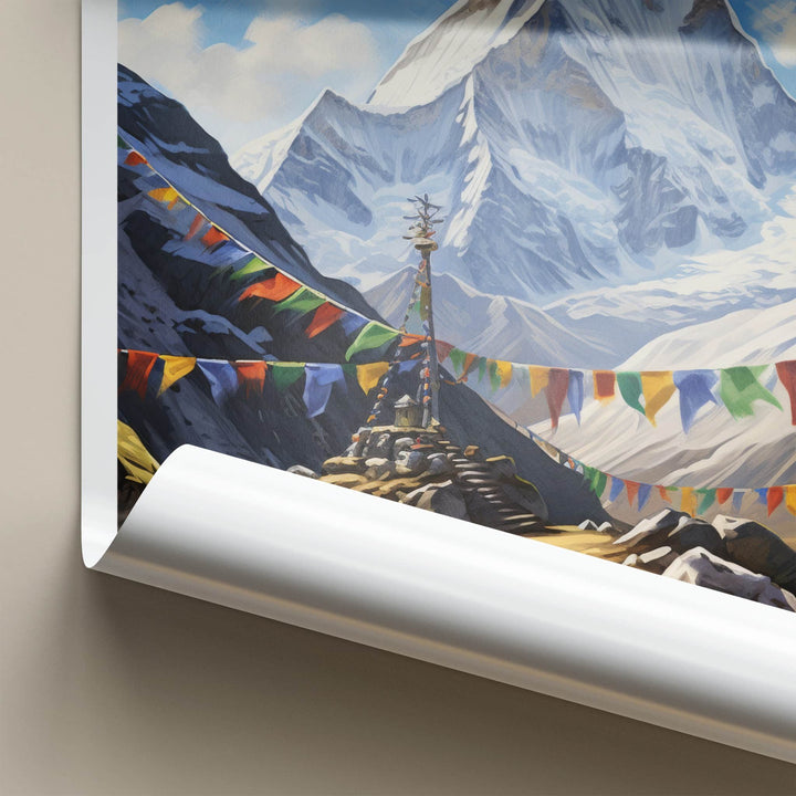 Mt Everest Poster - Nepal Travel Art - Prayer Flags Mountain Home Decor