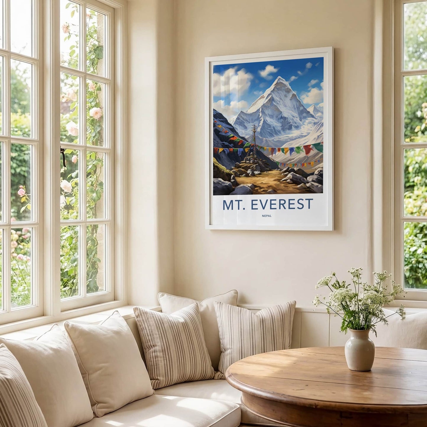 Mt Everest Poster - Nepal Travel Art - Prayer Flags Mountain Home Decor