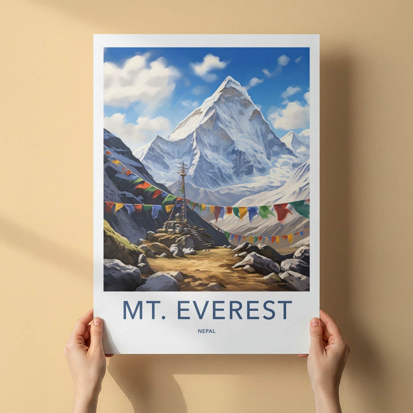 Mt Everest Poster - Nepal Travel Art - Prayer Flags Mountain Home Decor
