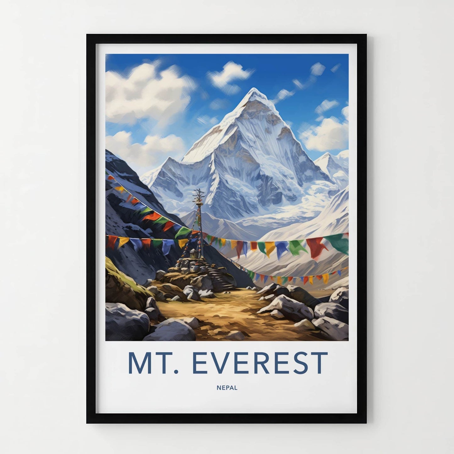 Mt Everest Poster - Nepal Travel Art - Prayer Flags Mountain Home Decor