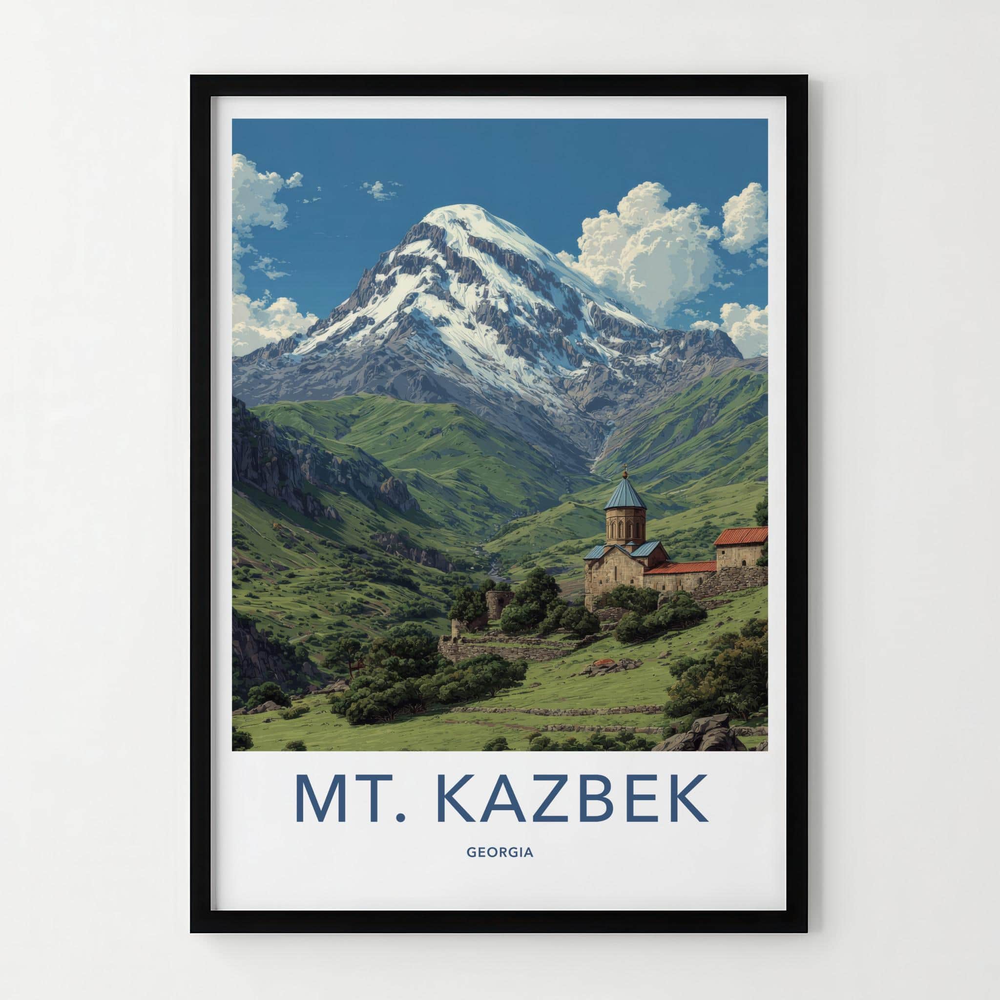 Mt. Kazbek Poster - Georgia Travel Art - Snowy Peak Monastery Home Decor