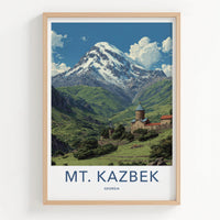 Mt. Kazbek Poster - Georgia Travel Art - Snowy Peak Monastery Home Decor