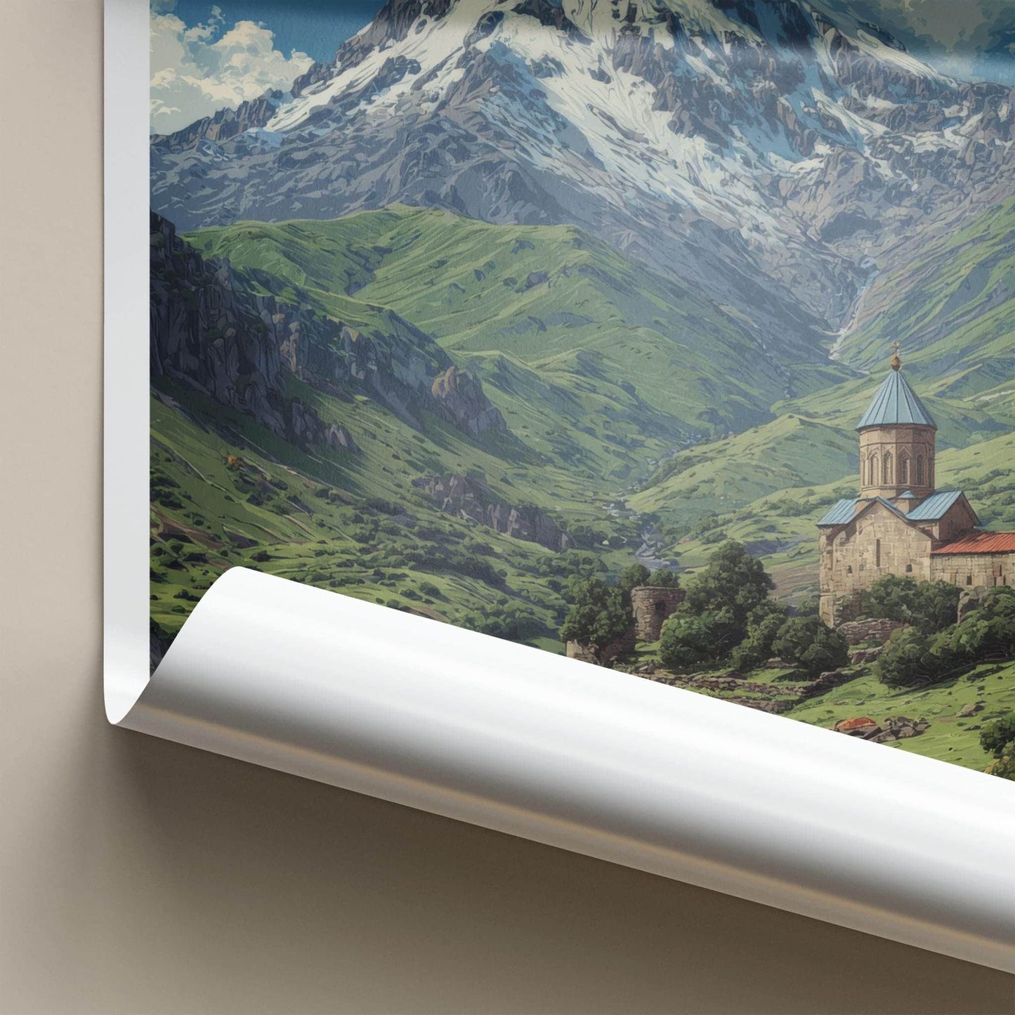 Mt. Kazbek Poster - Georgia Travel Art - Snowy Peak Monastery Home Decor