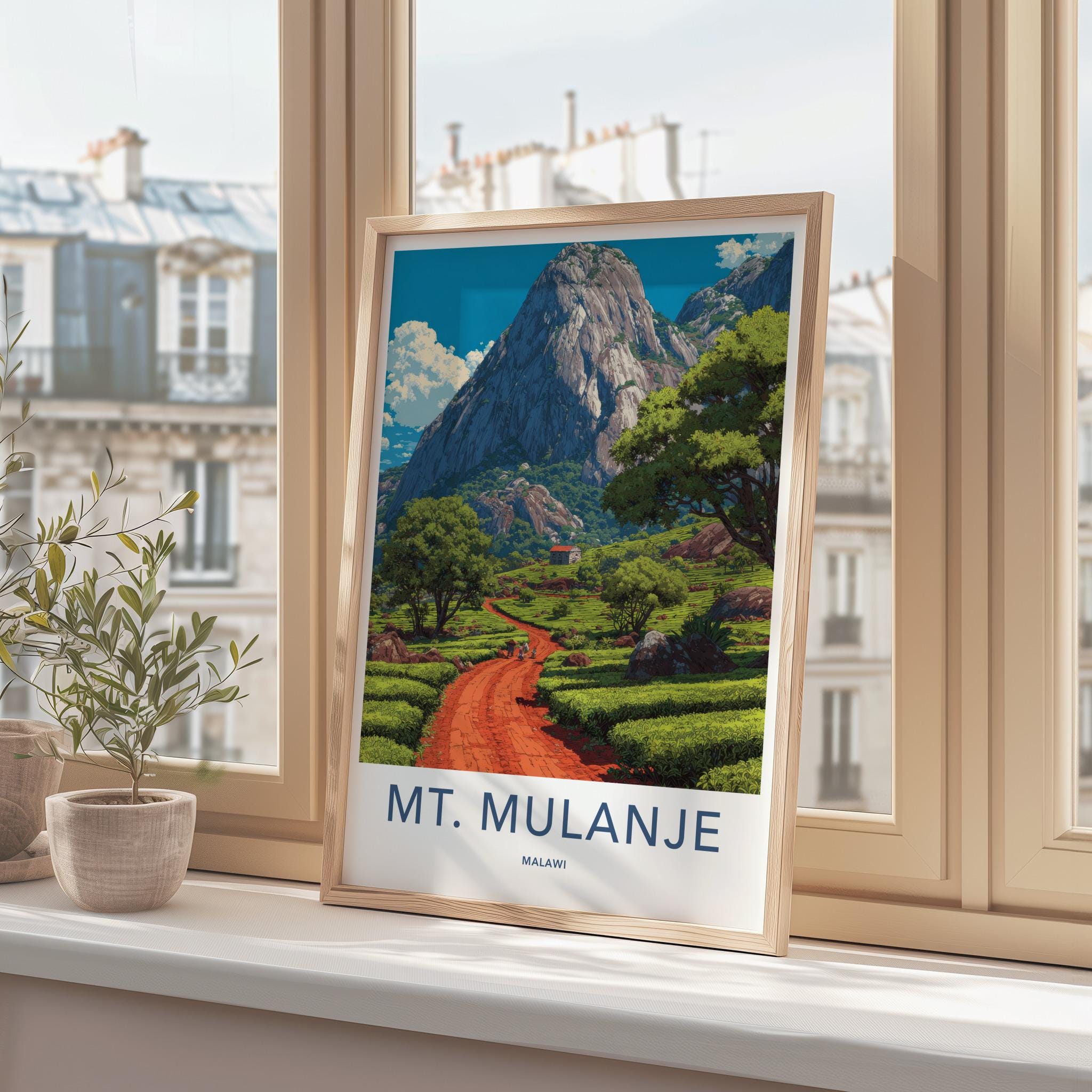 Mt Mulanje Poster - Malawi Travel Art - Lush Tea Plantation Home Decor