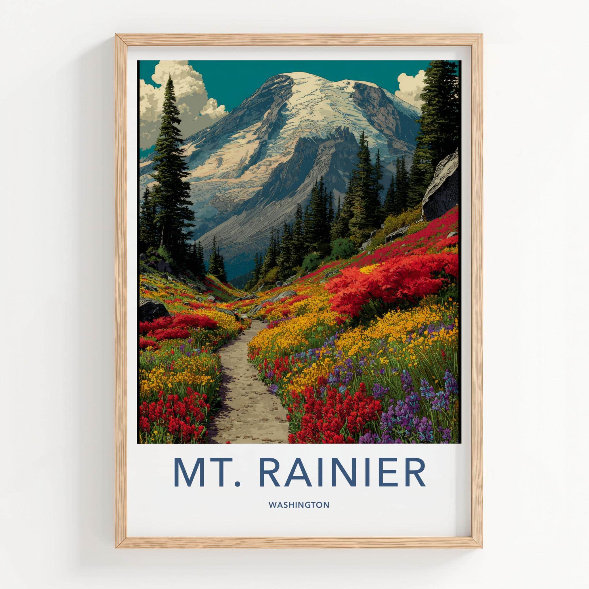Mt Rainier Poster - Washington Art Print - Blooming Valley Trail Home Decor