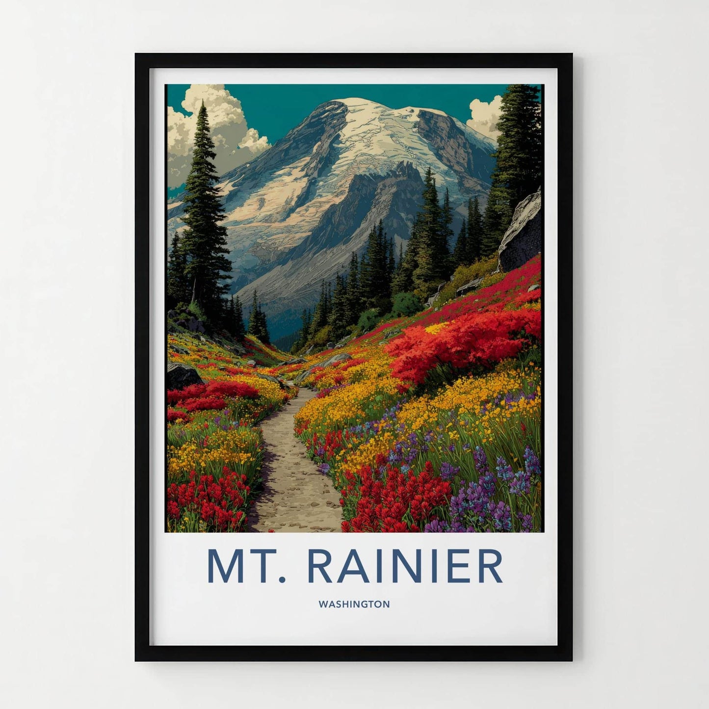 Mt Rainier Poster - Washington Art Print - Blooming Valley Trail Home Decor