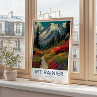 Mt Rainier Poster - Washington Art Print - Blooming Valley Trail Home Decor