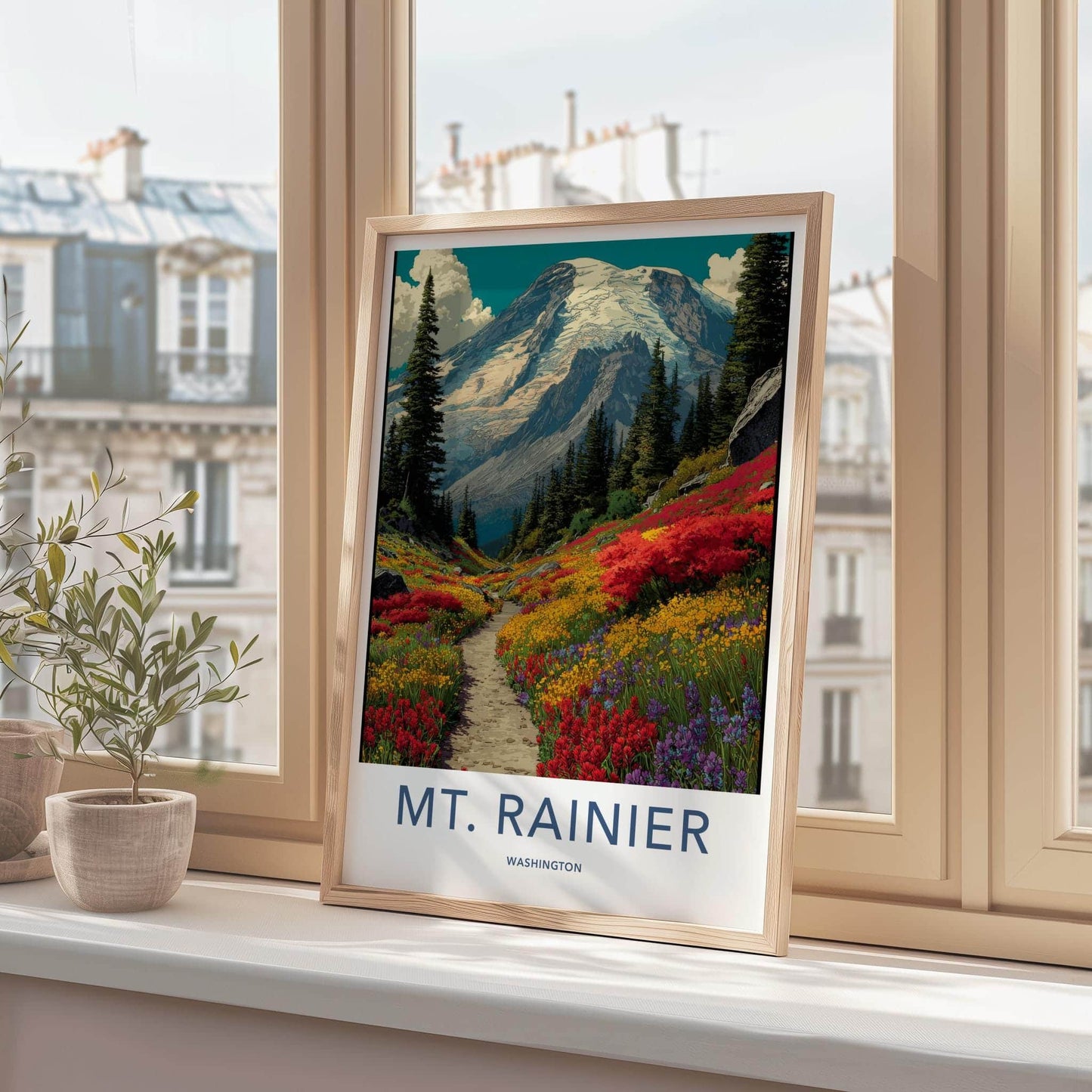 Mt Rainier Poster - Washington Art Print - Blooming Valley Trail Home Decor