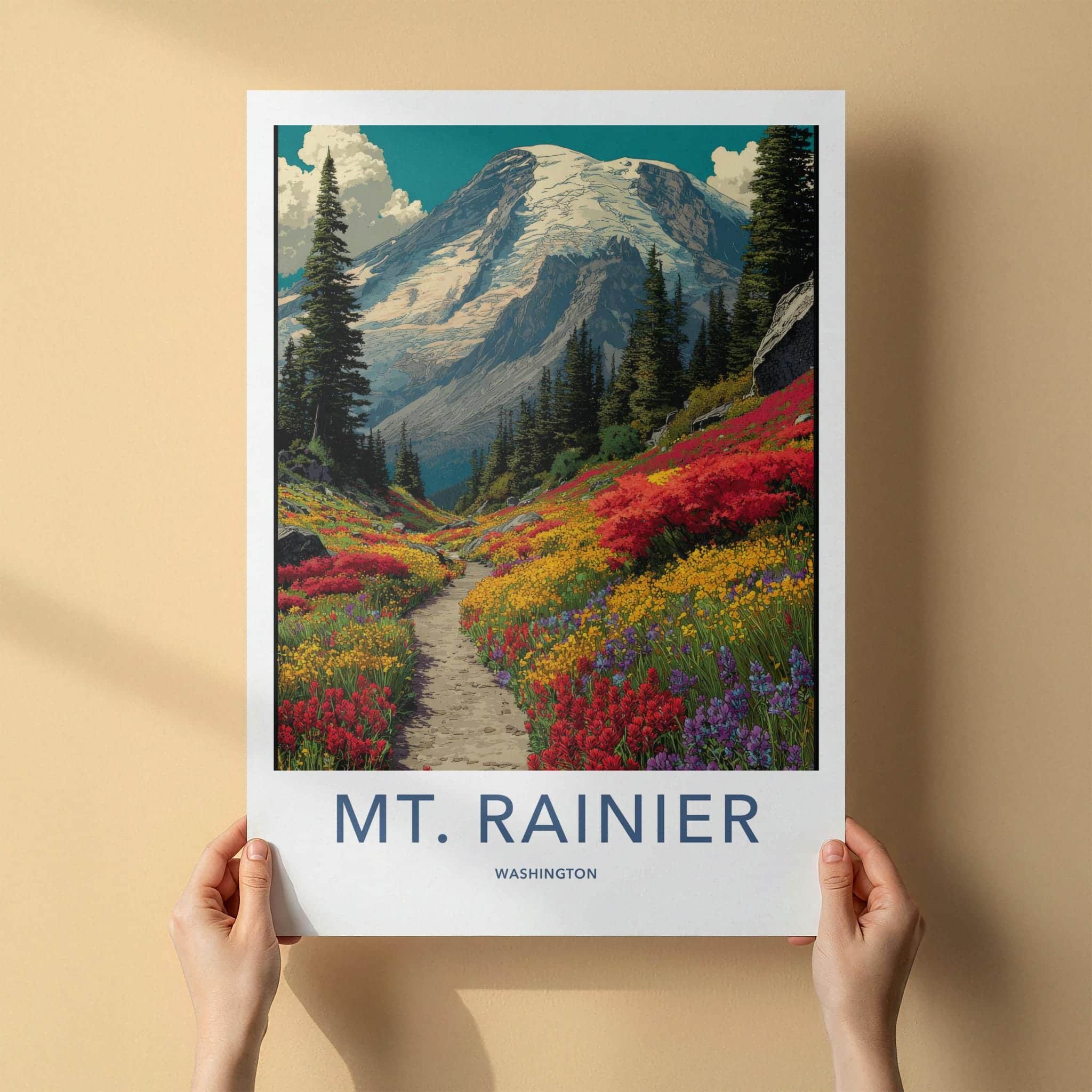 Mt Rainier Poster - Washington Art Print - Blooming Valley Trail Home Decor