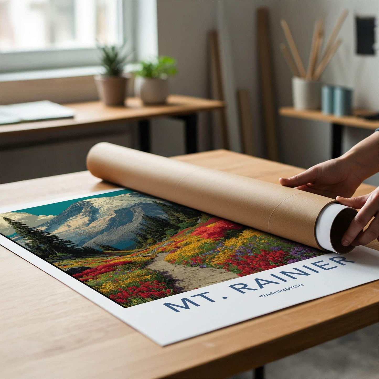 Mt Rainier Poster - Washington Art Print - Blooming Valley Trail Home Decor