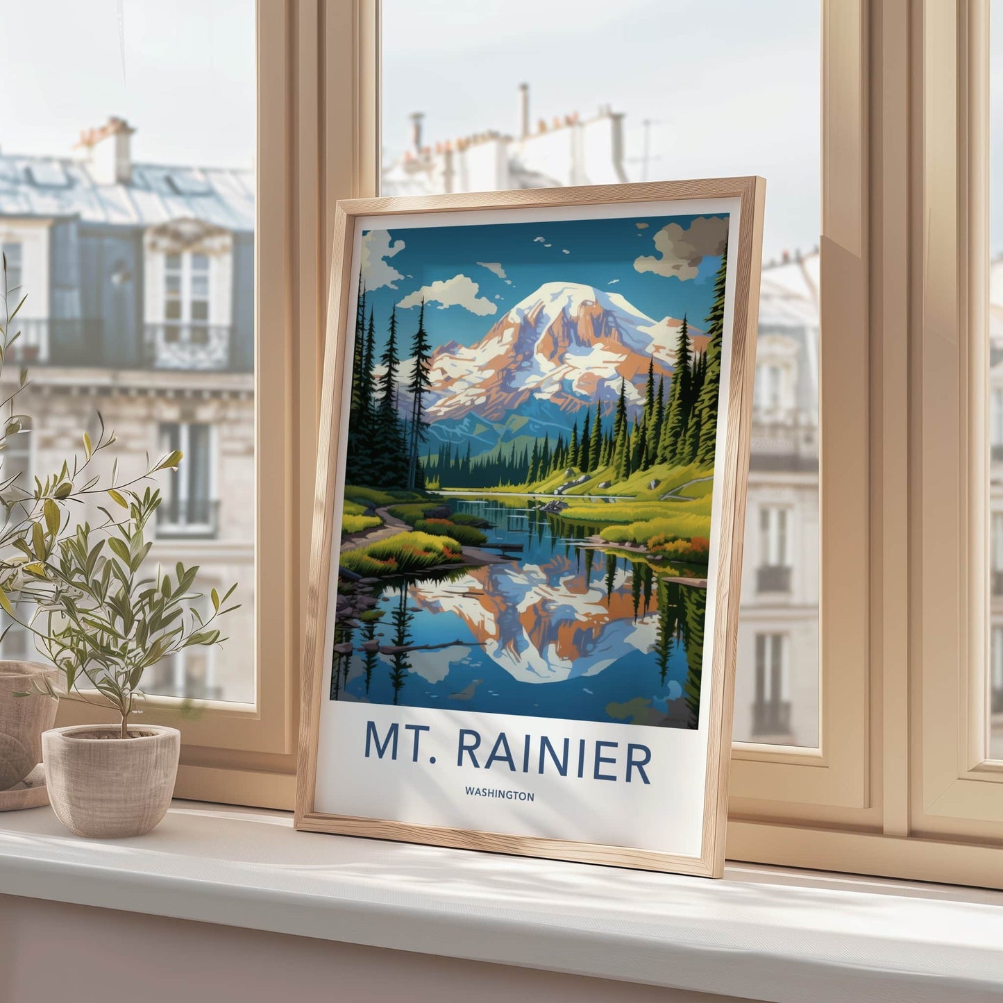 MT. RAINIER Poster - Washington Travel Art - Mountain Lake Reflection Home Decor